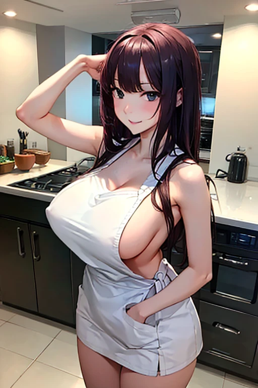 masterpiece, best quality, ultra-detailed, nsfw, apron on naked body, sexy, large breast, black hair, white apron, Kitchen, Detailed body with large breasts, no bra