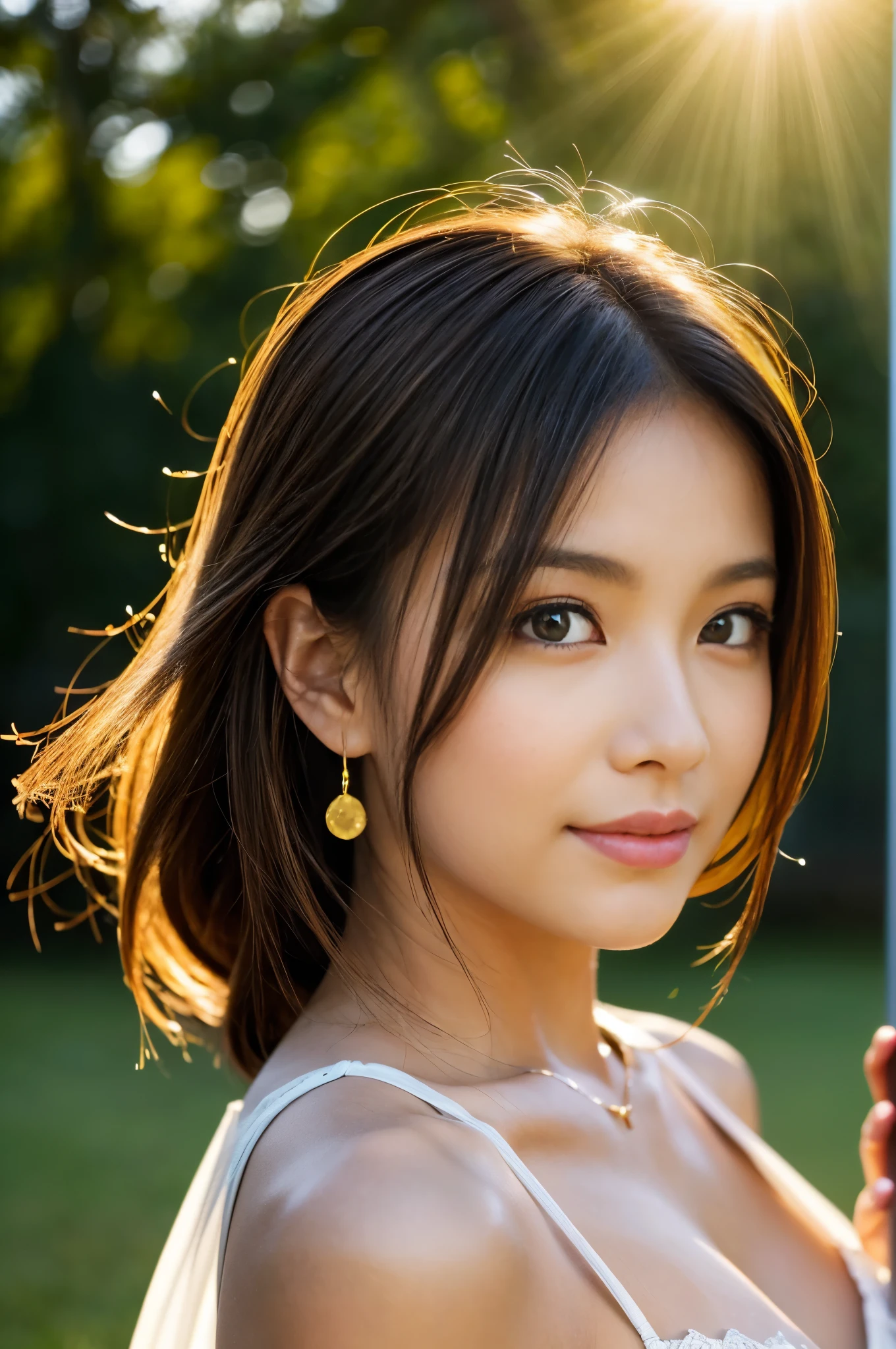 (Photoreal Stick:1.5, masutepiece:1.5, 8K), (top-quality, masterpiece, 超A high resolution), (Face Sharp Focus:1.45), Professional camera work:1.25, Highly detailed skin and facial texture:1.3, Grow Light Effect, The ultra-detailliert:1.3, 1girl in, Fair skin, (Sense of clarity:1.5), Extremely beautiful face:1.3, Sense of clarityを感じる目:0.9, looking distantly, Enraptured look:1.0, i love you completely:0.8, slightly open mouth:0.4, Sense of clarityを感じる口当たり:0.7, 二重まぶた, Dark brown medium hair, necklace and earrings, looking at viewert, (the morning sun, Intense sunlight:1.3, sunlight shining from behind:1.3, Strong sunlight spreads across the screen:1.5)