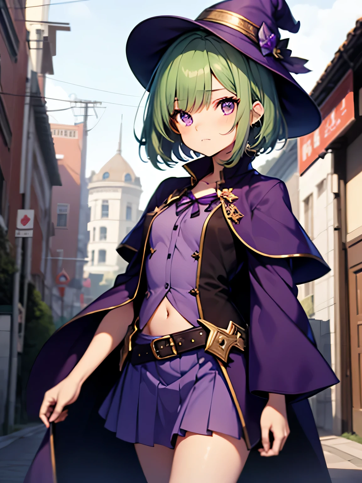 top-quality、extremely delicate and beautiful、(A teenage girl)、Purple Eye、Green hair、small tits、short-haired、(Purple pointy hat)、Soio、shortsleeves、Purple skirt、Purple Wizard Robe、Navel、is standing