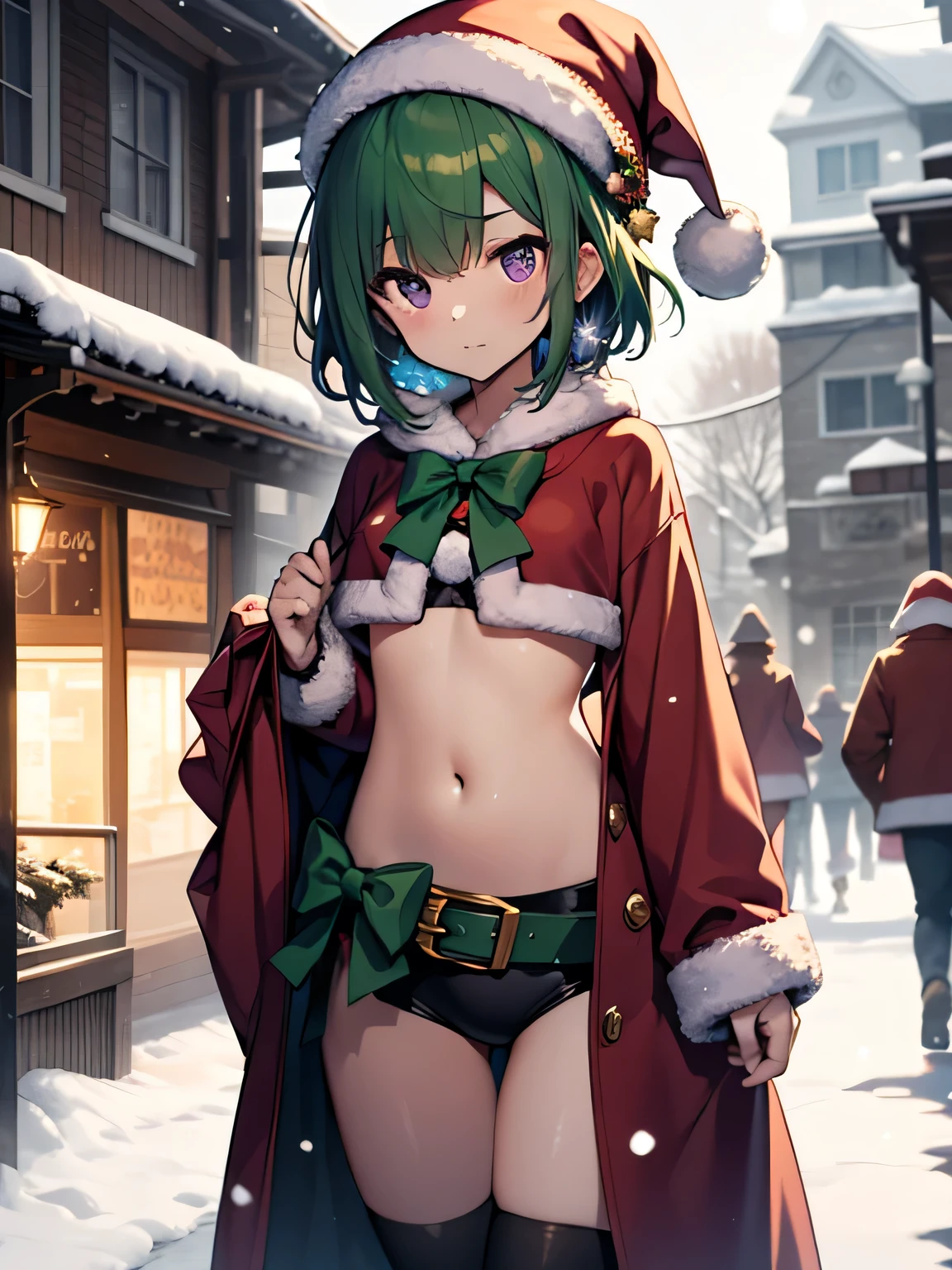 top-quality、extremely delicate and beautiful、(A teenage girl)、Purple Eye、Green hair、small tits、short-haired、(Purple pointy hat)、Soio、santa costume、Santa Claus clothes、shortsleeves、、Navel、is standing、Snow in the background