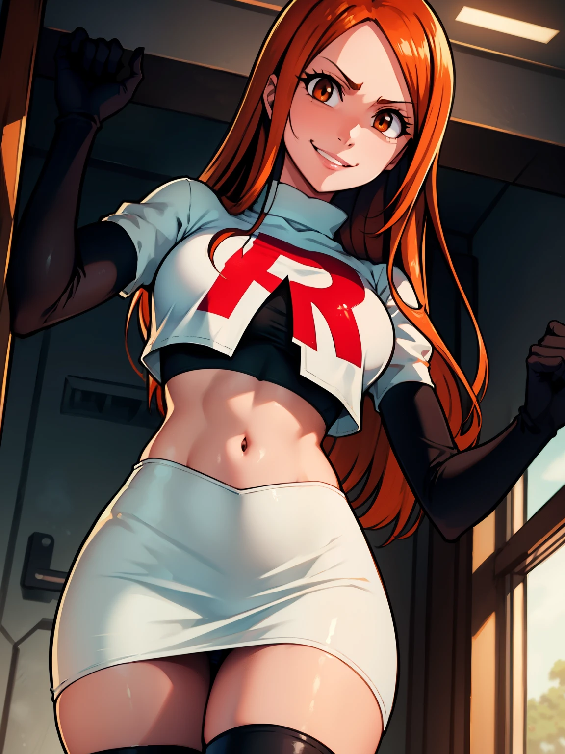 orihime, long hair, orange hair, brown eyes, glossy lips ,team rocket uniform, red letter R, white skirt,white crop top,black thigh-high boots, black elbow gloves, evil sinister smile, evil face ,looking down at viewer, cowboy shot