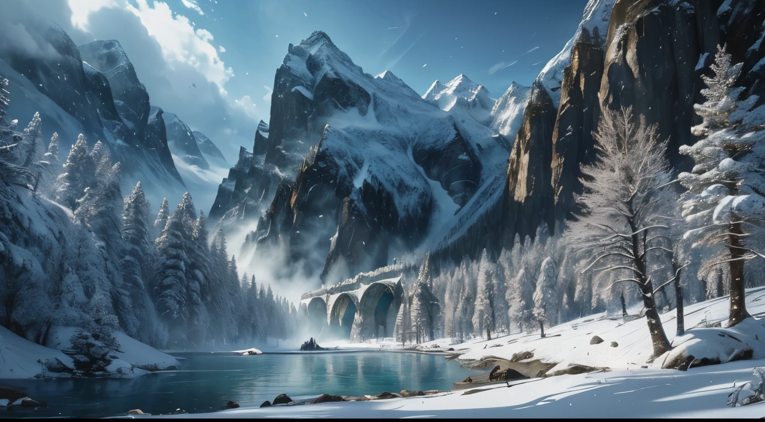 (ultra-detailed, realistic, highres, professional, masterpiece:1.2), beautiful detailed landscapes, detailed medieval castles and fortresses, majestic mountains covered in snow, dense forests with towering trees, sparkling rivers and waterfalls, ancient ruins with hidden treasures, mythical creatures like dragons and giants, epic battles between warriors and monsters, enchanting magical effects, vibrant colors and atmospheric lighting, immersive fantasy world, heroic adventurers on epic quests, breathtaking vistas and dramatic skies, rich lore and captivating storytelling