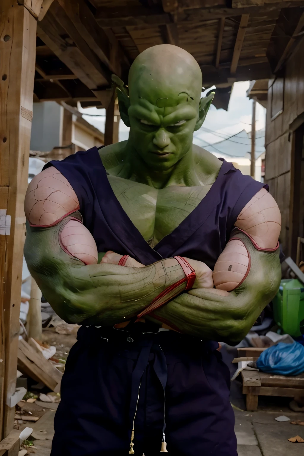 masterpiece, best quality, realistic, photorealistic, 8k, piccolo, 1boy, male focus, solo, standing, pointy ears, (purple dougi), green skin, oni horns, purple pants, closed mouth, looking at viewer, ((bald)), arms at sides, pink patches, black eyes, blue sash, deep and dark background.