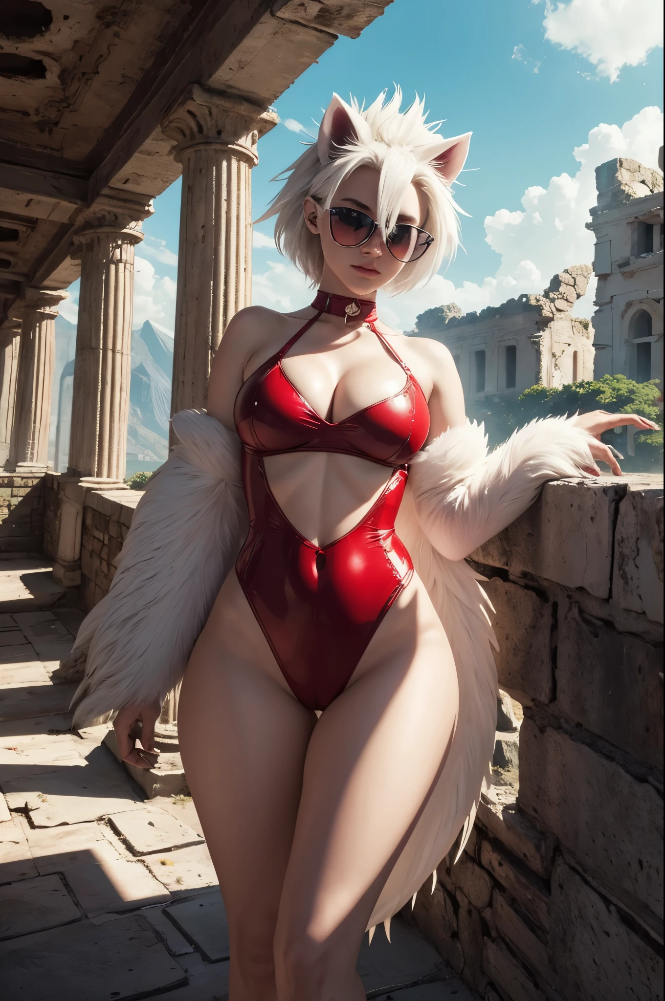 8K,Anthropomorphic white hedgehog wearing sunglasses with red lenses,超A high resolution,A hyper-realistic,Deforome,ruins,The majesty and power of animals,sexy female,