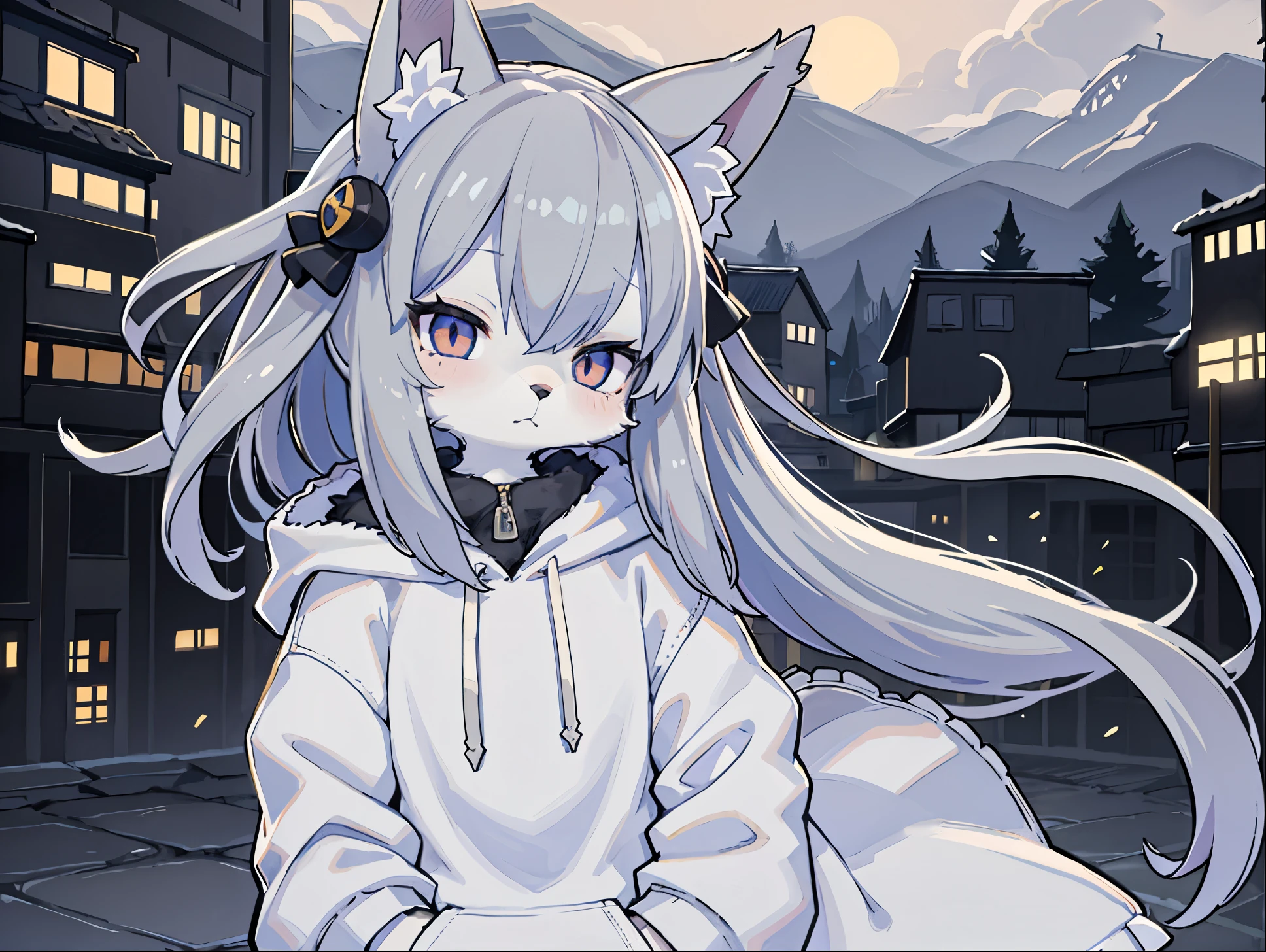 Wearing a hoodie、Mofumofuno、A little sleepy、looked lonely、He had gray hair and furry ears.、the eyes are blue、wolf girl。gray fur。the back is a little black。Strong wind is blowing。Hair is fluttering。