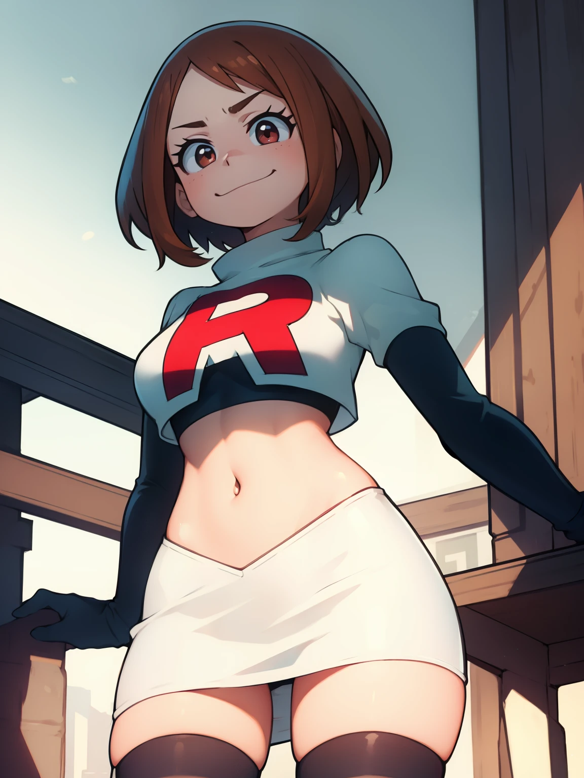 ochaco_uraraka, glossy lips ,team rocket uniform, red letter R, white skirt,white crop top,black thigh-high boots, black elbow gloves, evil sinister smile, evil face ,looking down at viewer, cowboy shot