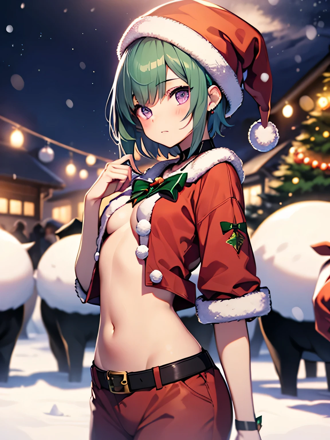 top-quality、extremely delicate and beautiful、(A teenage girl)、Purple Eye、Green hair、small tits、short-haired、(Purple pointy hat)、Soio、santa costume、Santa Claus clothes、shortsleeves、、Navel、is standing、Snow in the background