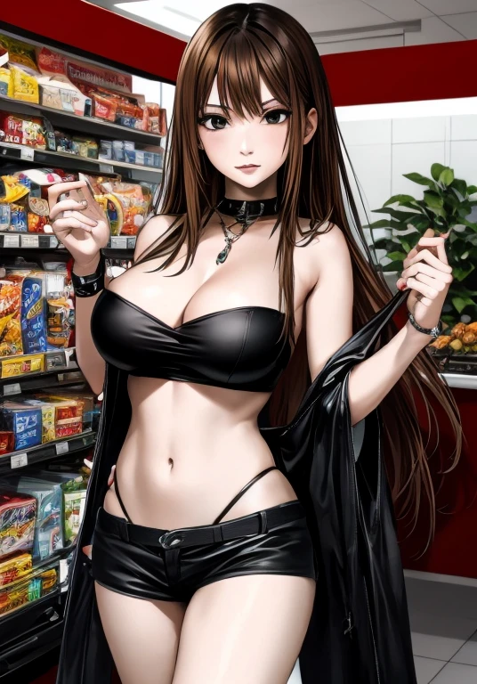 A beautiful adult woman with shoulder-length long hair, big breasts, beautiful legs, and a sharp face is wearing a black tube top that exposes her navel and black hot pants that look like panties, with her legs spread apart, near the checkout line at the supermarket. standing with hands on hips。