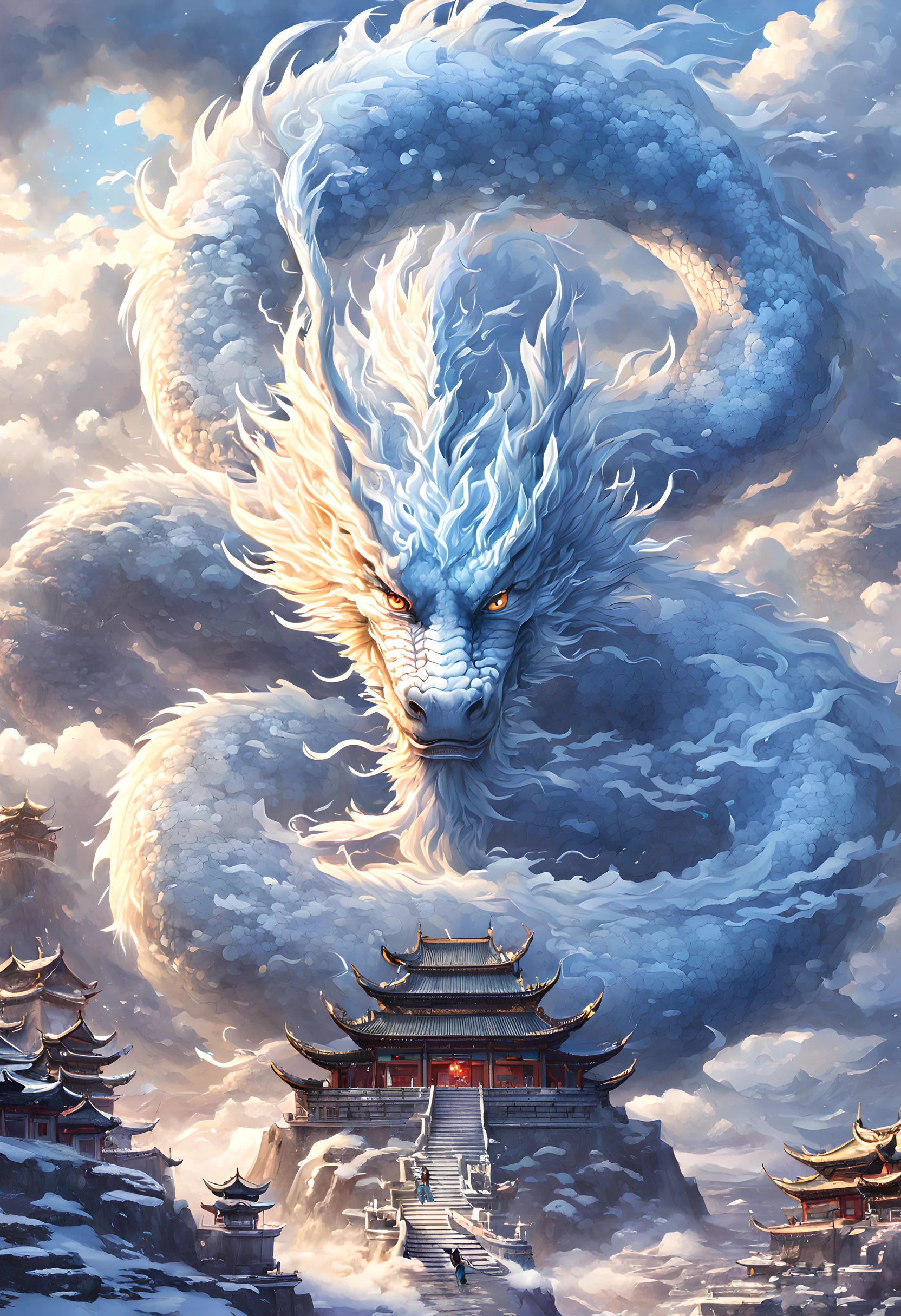 arian landscape,in fantasy world,chinese traditional architecture,  drak，yuki，​​clouds,Mare,Skysky,mont, lightning bolt，{a head}