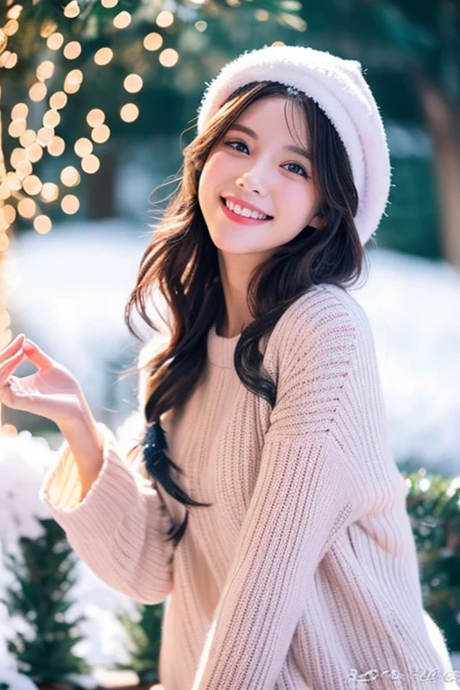 Beautiful woman with good eyes and nose、Beautiful as a model、Cute like a model、Eyes are double、How to use regular mascara、Eye color blue、Hair color pink、Her face is delicate and elegant.、8k picture、Beautiful style like a model、Ordinary large、A refreshing and lovely smile、クリスマスの日に外で雪⛄が積もった白銀の雪景色で雪だるまや、Snowball fight scene、Contains 2 types of scenes: inside and outside the house、Pose like a model、Overall portrait、Snapshots、Glamaloid Smile、Beautiful and delicate face like a model、Best Quality、masuter piece、Cute smile、 Atmosphere、Elegant beauty、Christmas costume、Wear a Santa Claus costume、