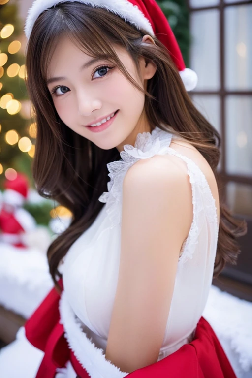 Beautiful woman with good eyes and nose、Beautiful as a model、Cute like a model、Eyes are double、How to use regular mascara、Eye color blue、Hair color pink、Her face is delicate and elegant.、8k picture、Beautiful style like a model、Ordinary large、A refreshing and lovely smile、クリスマスの日に外で雪⛄が積もった白銀の雪景色で雪だるまや、Snowball fight scene、Contains 2 types of scenes: inside and outside the house、Pose like a model、Overall portrait、Snapshots、Glamaloid Smile、Beautiful and delicate face like a model、Best Quality、masuter piece、Cute smile、 Atmosphere、Elegant beauty、Christmas costume、Wear a Santa Claus costume、