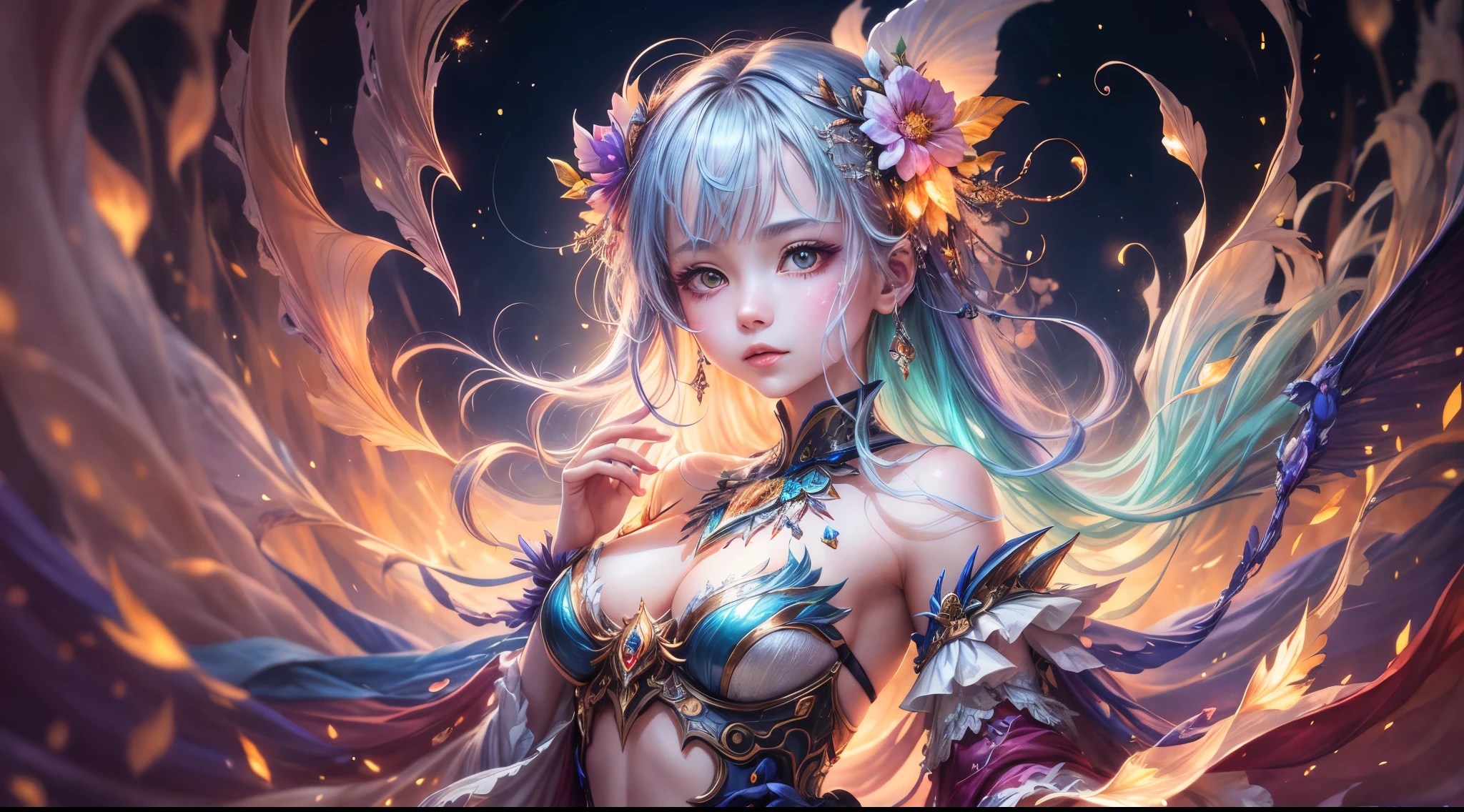 A captivating anime girl gracefully emerges from the pages of a watercolor painting, her vibrant and intricate colors breathing life into the artwork. She wears extraordinary fantasy costumes,Decorated with exquisite details, reflecting the enchanting world she inhabits. Luminescent elements, like glowing crystals and ethereal wisps, surround her, casting a soft, otherworldly glow. The watercolor style imbues the image with a sense of fluidity and delicacy, as if the colors are effortlessly blending and bleeding into one another. Camera shot: Medium Shot, Camera lens: softfocus, Lighting: luminescent glow, watercolor brushstrokes,