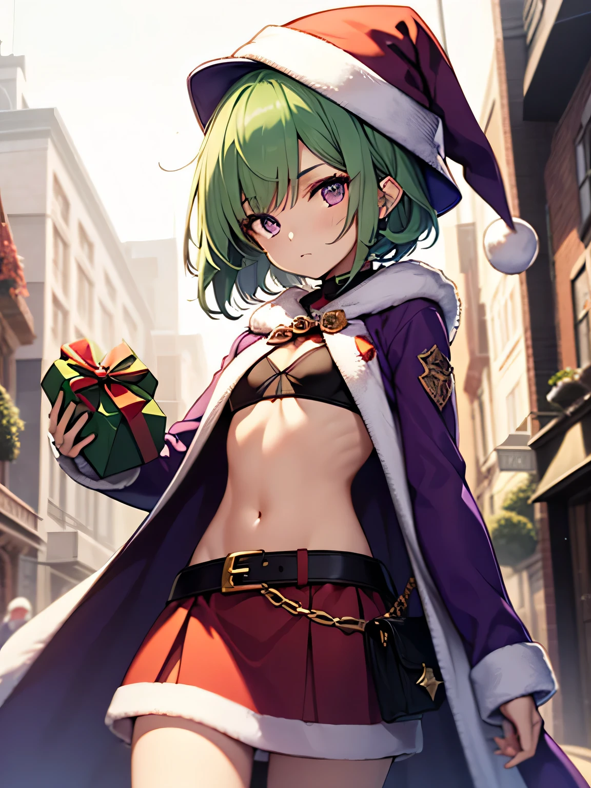 top-quality、extremely delicate and beautiful、(A teenage girl)、Purple Eye、Green hair、small tits、short-haired、(Purple pointy hat)、Soio、santa costume、santa claus vice、shortsleeves、Purple skirt、Purple Wizard Robe、Navel、is standing