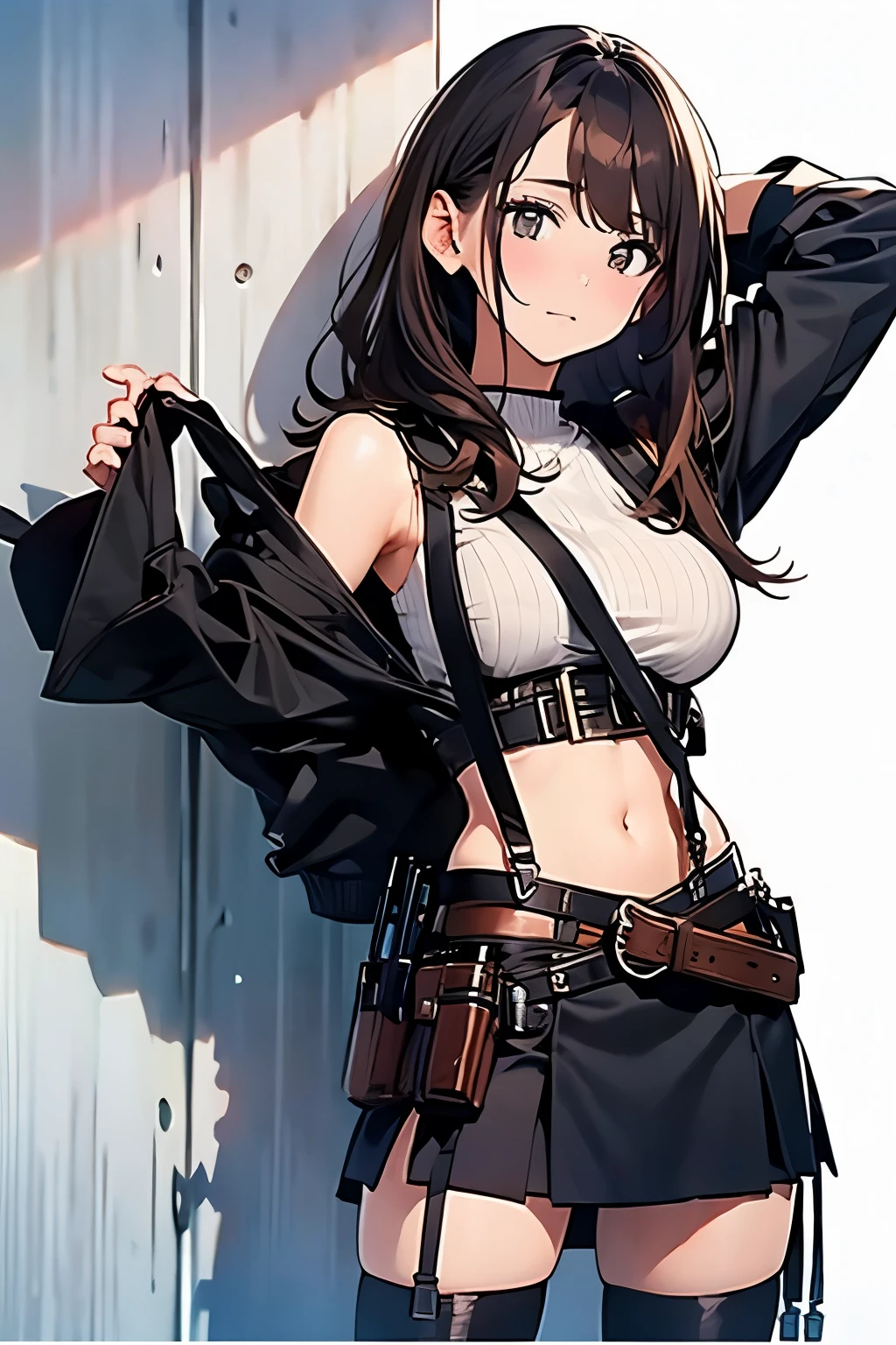 Brown hair、watching at viewers black suspenders Bulging big breasts walls: Black miniskirt garters Gaze Small face bangss holster Beautuful Women hands up レッグholster ベッドに横たわる Gaze black boots panty shot provocation flank flank汗 soio arm inside of a car Fold your hands behind your back a belt