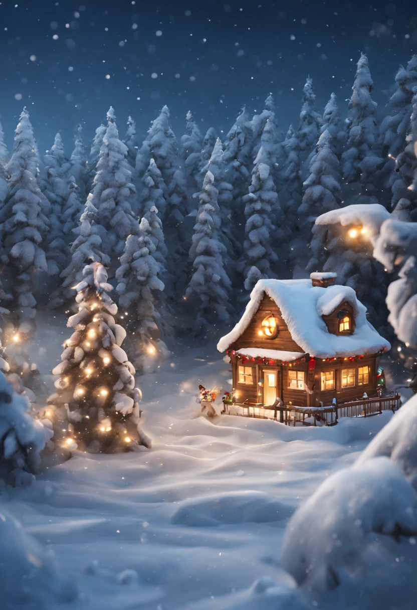 A snowy white pine forest with a single wooden house with Christmas decorations and lights, no fundo uma vila de natal, in the sky a Santa&#39;s sleigh flying. Tempo nevando, in front a snowman.