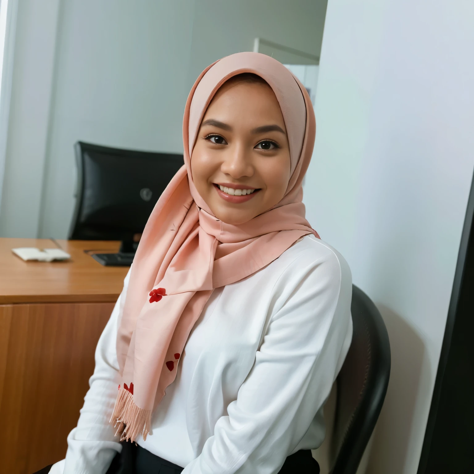 1 malay female age 26, flawless malay skin, wearing white floral patern hijab, sitting lean back on office char inside office in front laptop and an extra 27 inch monitor screen, wearing a plain white loose shirt with long sleeve, wearing long loose black skirt , 8k, cinematic photo, open mouth showing teeth and laughing, upper body potrait shot, close up shot, fair bright white skin, average looking face, thin body, small round face shape, looking at camera, both hand not visible in the shot