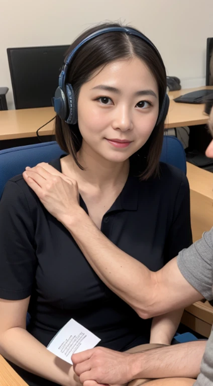 1 office lady and 1 old man sitting,close to each other, (old man's arm touching her breast:1.1),very cute face,bob hair,thin fabric shirt,headset,stadium,perfect anatomy, masterpiece, best quality, perfect face,from front