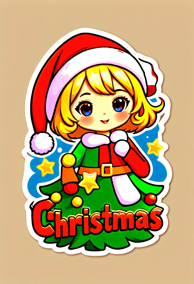 One sticker, christmas,Vector graphics，christmas，(The English bold text is as follows： &cite;Wish you Christmas cheerful&cite;:1.5)，cheerful，cute big breasts，Japanese cartoon，