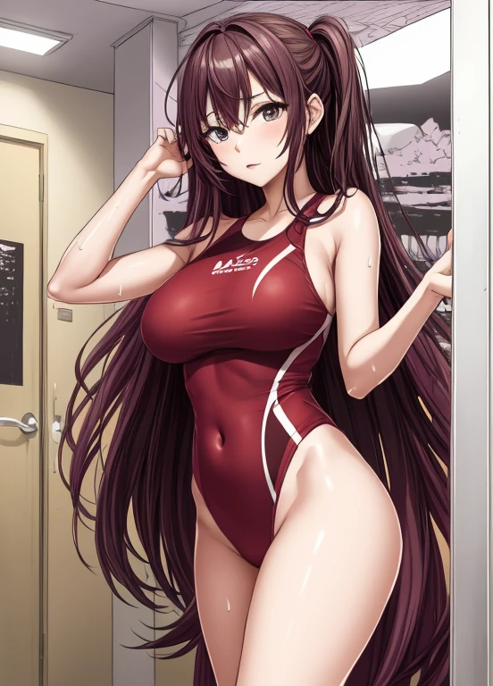 A beautiful woman with long hair, big breasts, beautiful legs, and a sharp face is standing in a changing room with her legs spread apart in a red competitive swimsuit.。