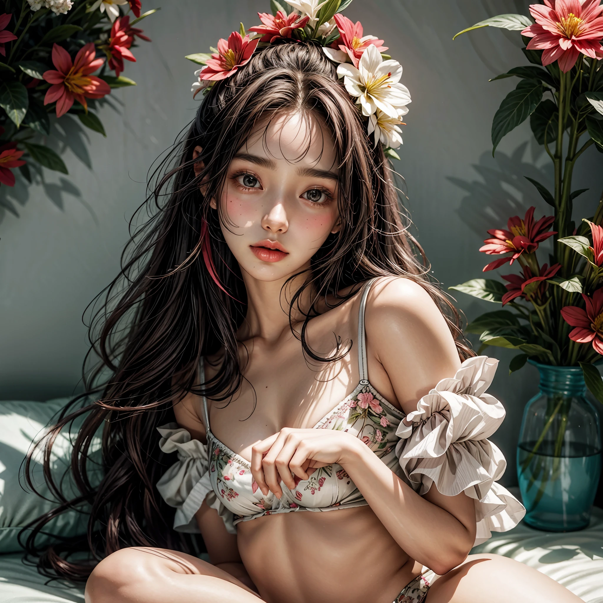 ( colorful flowers background, White and Red, best quality,ultra-detailed,physically-based rendering:1.2), realistic,portrait,beautiful young woman with long wavy hair and mesmerizing eyes,delicate facial features, Glossy Lips, ((tongue playfully licking finger, fingers delicately holding in mouth)),subtle expression of pleasure and anticipation,romantic atmosphere, (close-up shot of sensual lips),subtle blush on cheeks,sensual and sophisticated,gentle and alluring gaze. full of flowers covering girl's body, filled with flowers, (correct hands, not Detailed fingers:-0.9), Overflowing, ((nipple:-0.9)) .
