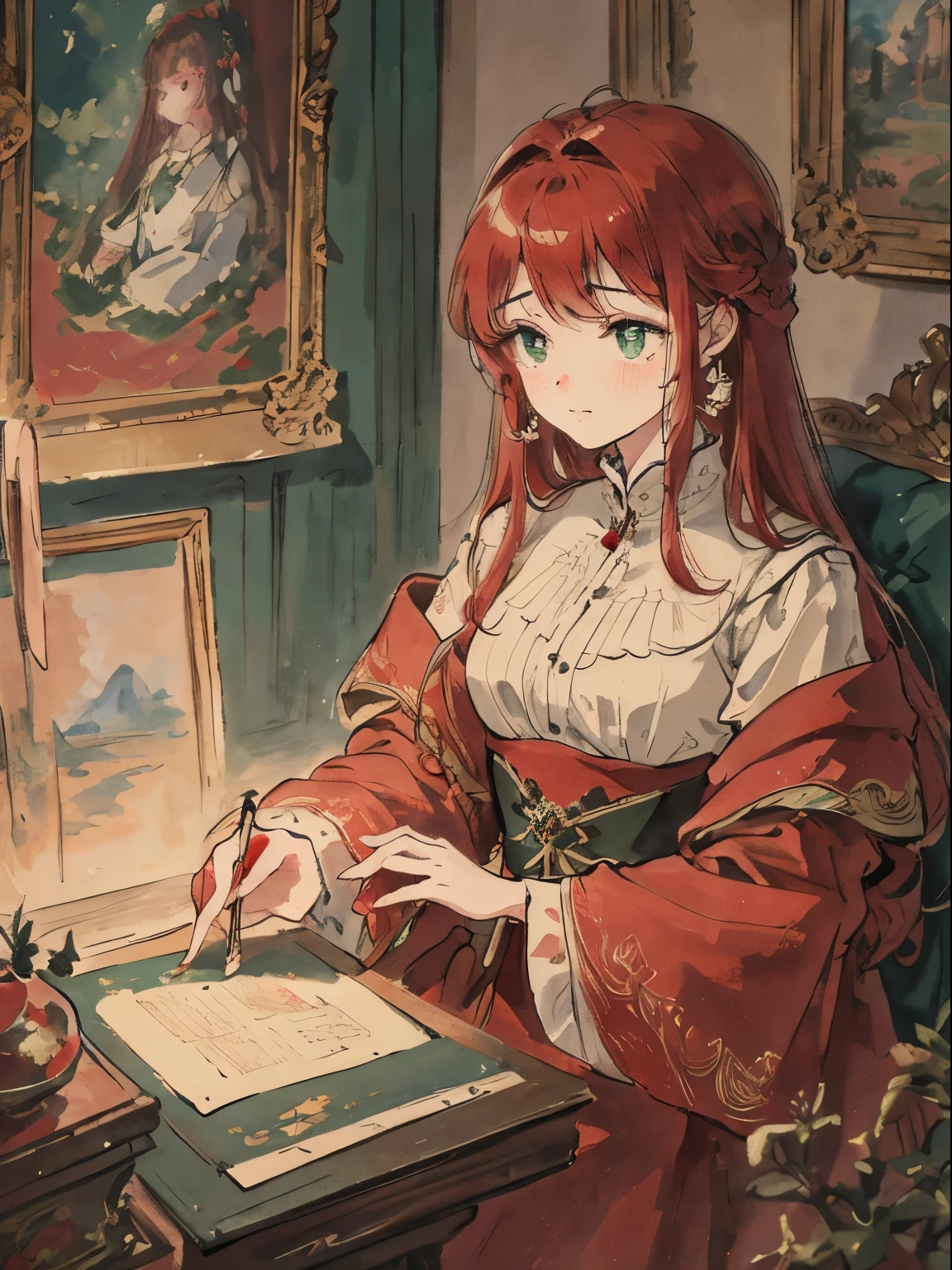 masterpiece, best quality, an extremely delicate and beautiful girl,an extremely delicate and beautiful, world masterpiece theater, ultra-detailed, highly detailed, best quality, red hair, highres, extremely detailed,1girl, best quality, illustration, looking at viewer, impasto, canvas, oil painting, realistic, realist ,real, Green eyes, In castle, crying, vintage outfit