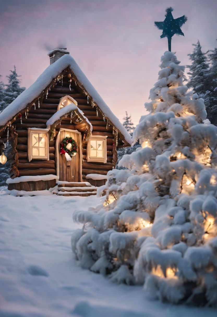A snowy white pine forest with a single wooden house with Christmas decorations and lights, no fundo uma vila de natal, in the sky a Santa&#39;s sleigh flying. Tempo nevando, in front a snowman.