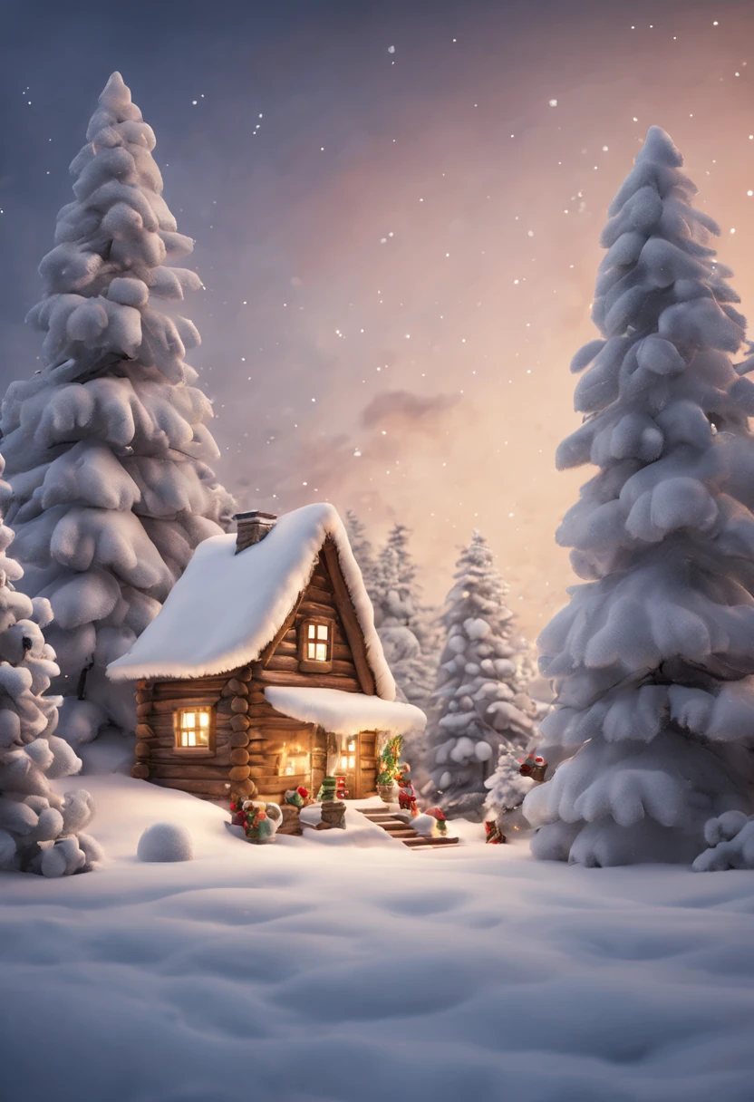 A snowy white pine forest with a single wooden house with Christmas decorations and lights, no fundo uma vila de natal, in the sky a Santa's sleigh flying. Tempo nevando, in front a snowman.