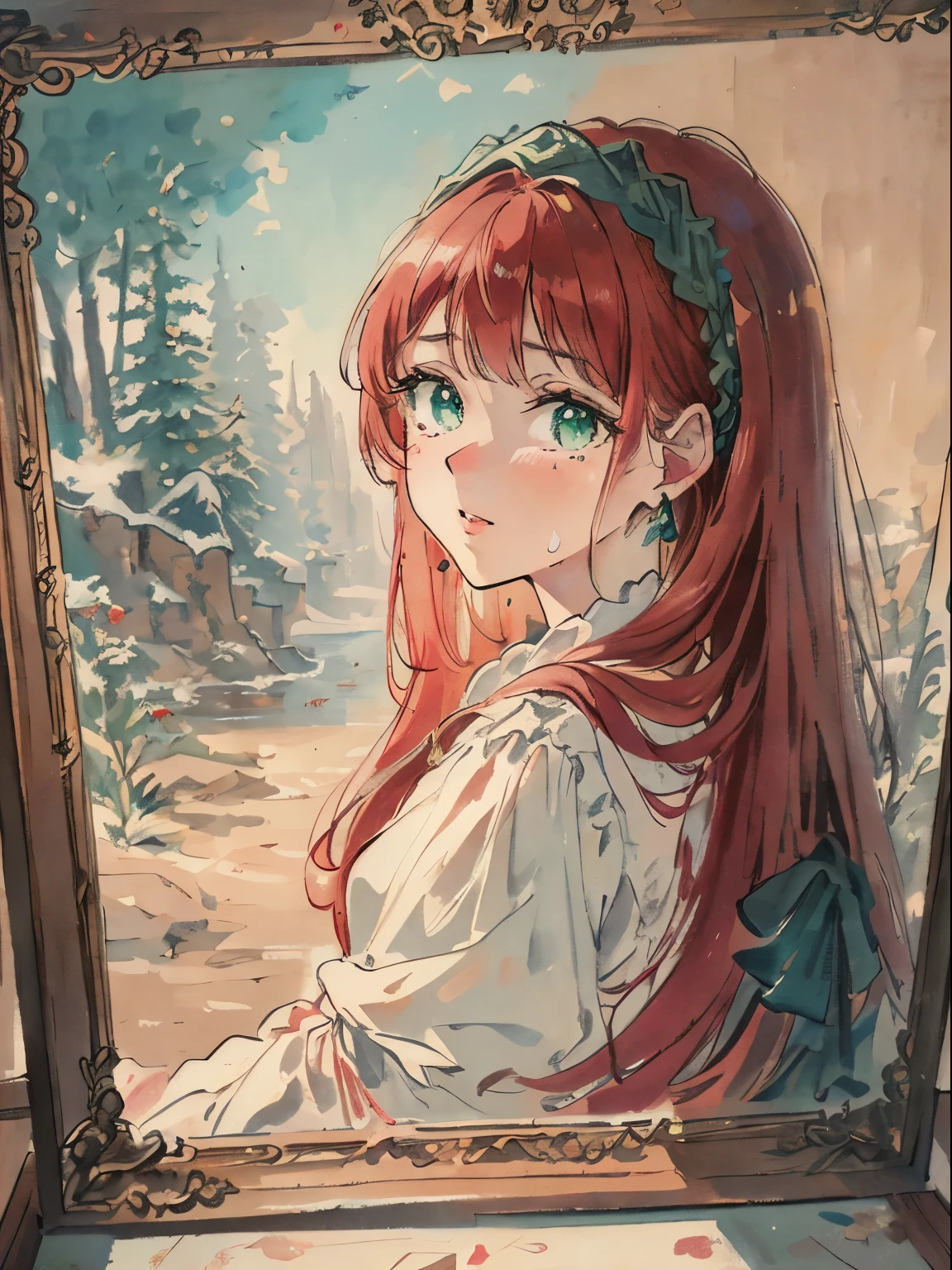 masterpiece, best quality, an extremely delicate and beautiful girl,an extremely delicate and beautiful, world masterpiece theater, ultra-detailed, highly detailed, best quality, red hair, highres, extremely detailed,1girl, best quality, illustration, looking at viewer, impasto, canvas, oil painting, realistic, realist ,real, Green eyes, In castle, crying, vintage outfit