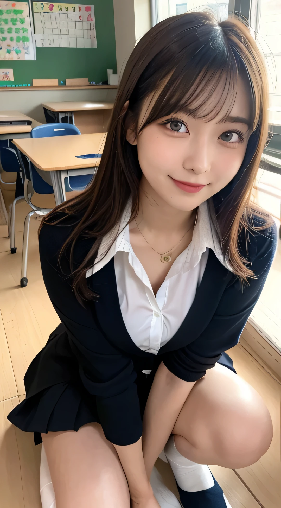 masutepiece, Best Quality, Illustration, Ultra-detailed, finely detail, hight resolution, 8K Wallpaper, Perfect dynamic composition, Beautiful detailed eyes, ,Medium Hair, Big breasts, Natural Color Lip, Random and sexy poses,Smile、20 years girl、　After-school classroom、　high school giller suit、a miniskirt、Loose socks、
