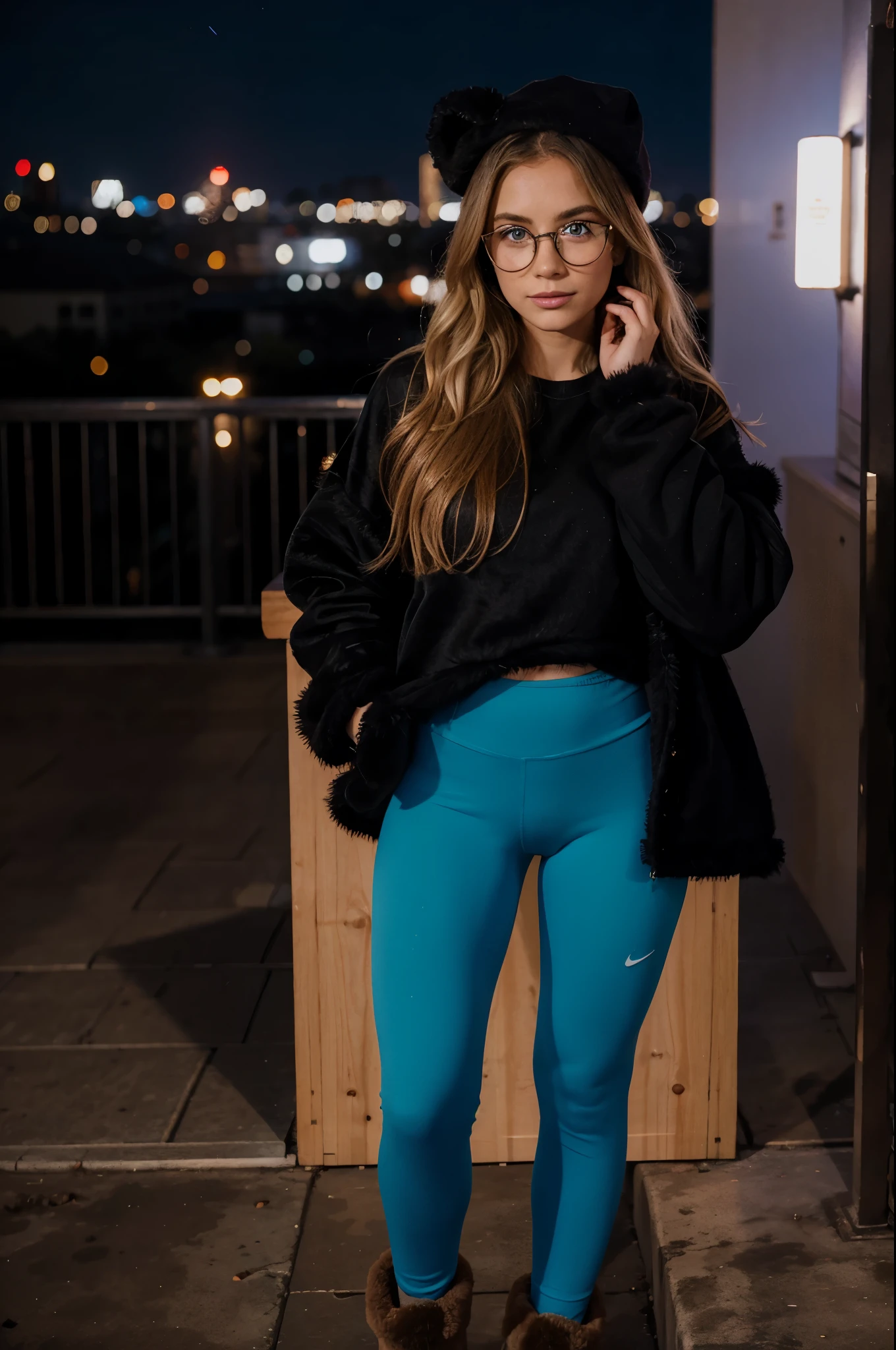 1woman, ombré blonde balayage hair, beautiful blue eyes, freckled face, circle glasses, creame sweatshirt, seamless black leggings, fuzzy faux fur boots, ugg style boots, night city background, full body portrait, raw photo.