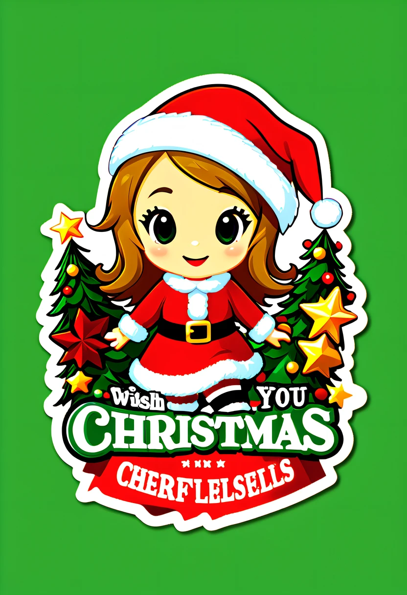One sticker, christmas,Vector graphics，christmas，(The English bold text is as follows： &cite;Wish you Christmas cheerful&cite;:1.5)，cheerful，cute big breasts，Japanese cartoon，