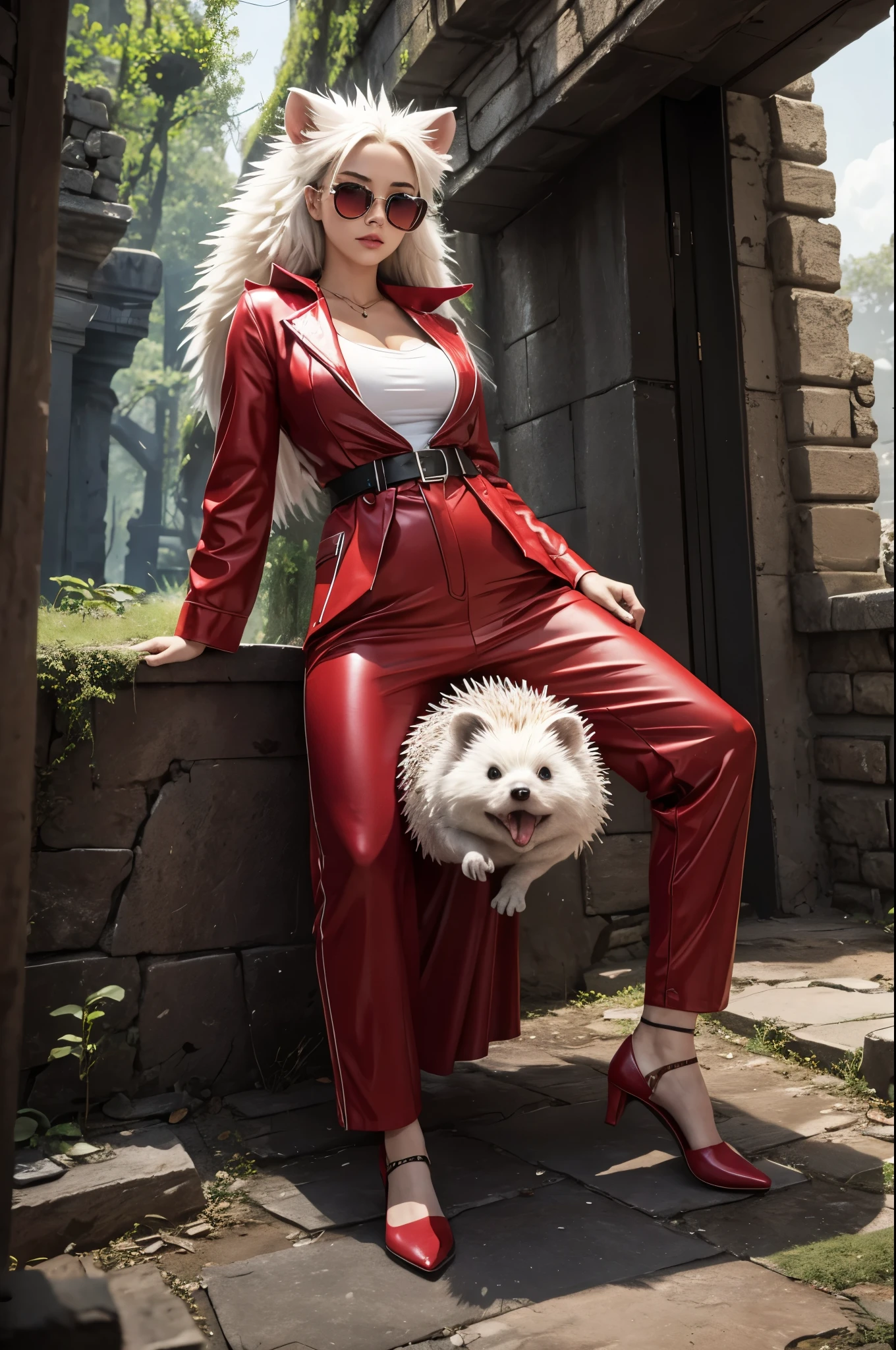 8K,White hedgehog wearing sunglasses with red lenses,anthropomorphic female hedgehog,超A high resolution,A hyper-realistic,Deforome,ruins,The majesty and power of animals,A sexy,RED dress,Red pants,
