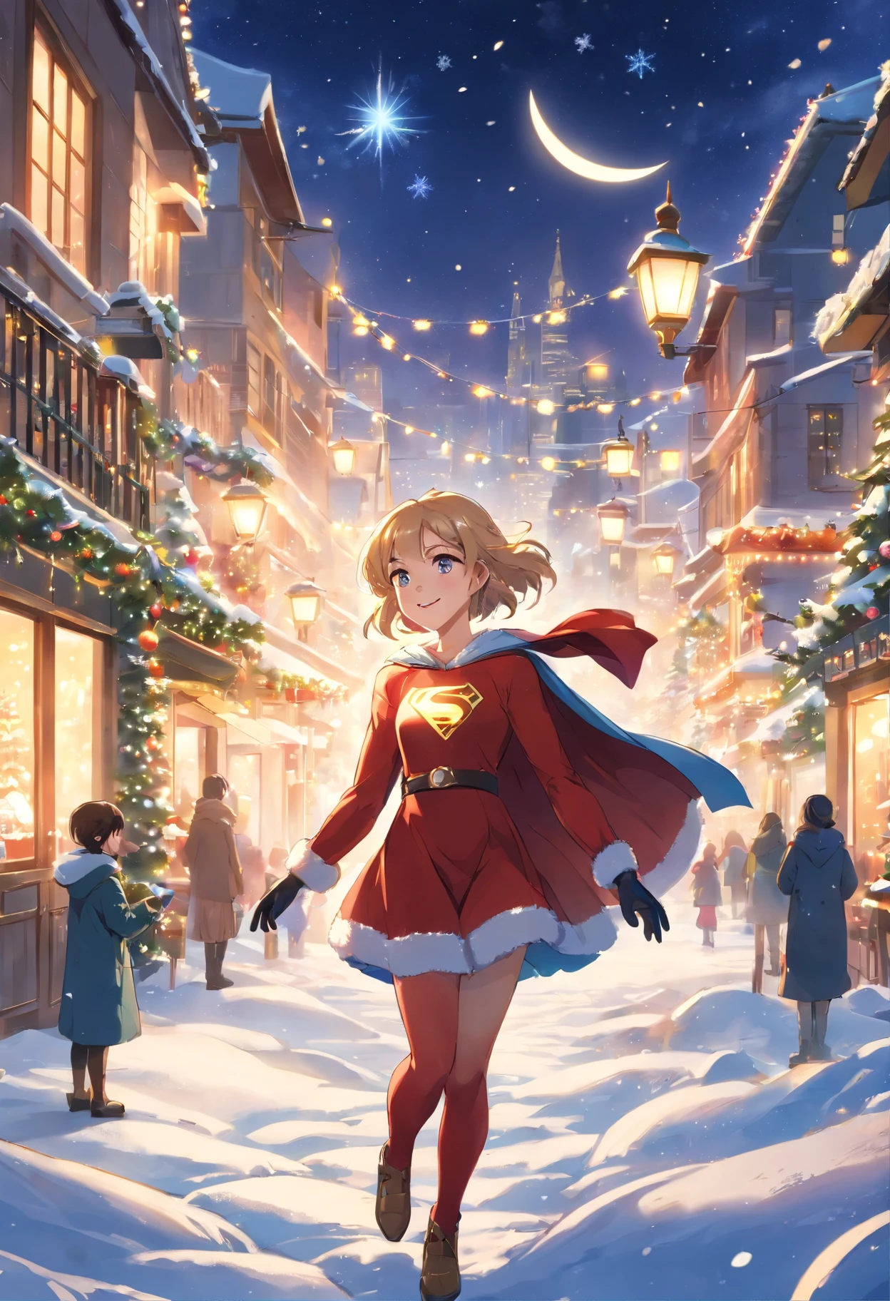 (best quality,4k,8k,highres,masterpiece:1.2),ultra-detailed,(realistic,photorealistic,photo-realistic:1.37),Supergirl wearing a Santa suit,beautiful detailed eyes,beautiful detailed lips,extremely detailed eyes and face,longeyelashes,red cape flowing in the wind,shiny golden tiara,costume with vibrant red and white colors,golden belt with a large "S" symbol,gloves with white trim and the "S" symbol on the back,flying in the sky with skyscrapers and snow-covered rooftops below,fairy lights twinkling in the background,graceful and confident pose,smiling with joy,sparkling snowflakes falling around her,city covered in a blanket of snow,glowing moon shining brightly,celebratory atmosphere, landscape decorated with Christmas lights and ornaments,children below looking up in awe,warm and inviting ambiance,cheerful and festive mood,colorful presents scattered on the ground in front of her,powerful and awe-inspiring presence,bokeh lights adding a magical touch,holiday spirit in the air,excitement and anticipation for Christmas,world filled with hope and happiness. lamplight: The scene is softly lit with warm yellow light, casting a gentle glow on Supergirl's face and illuminating the surrounding area. The moonlight bathes the landscape in a soft, silvery light, creating a dreamy and enchanting atmosphere. The city below is adorned with colorful Christmas lights, adding a festive and joyful ambiance to the scene. The fairy lights in the background twinkle and create a magical aura, enhancing the overall charm of the artwork.