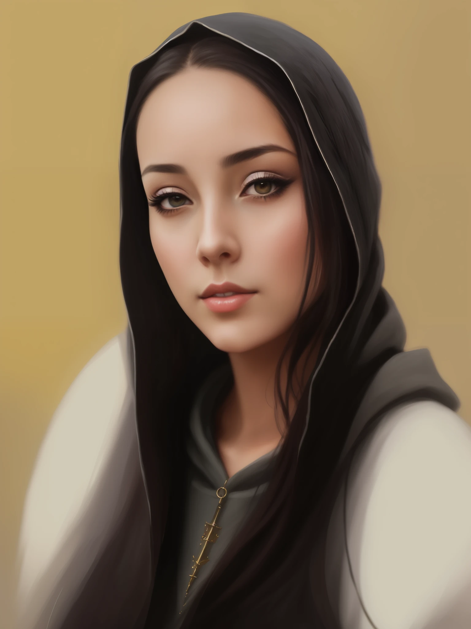 Painting of a woman with a hood on her head, gorgeous digital painting, fantasy art portrait, beautiful character painting, fantasy portrait art, Stunning digital painting, beautiful fantasy art portrait, digital fantasy portrait, Oil painting of a realistic woman, Black-haired girl in hoodie, Fantasy genre portrait, elegant digital painting, beautiful digital painting, epic fantasy art portrait, realistic digital painting