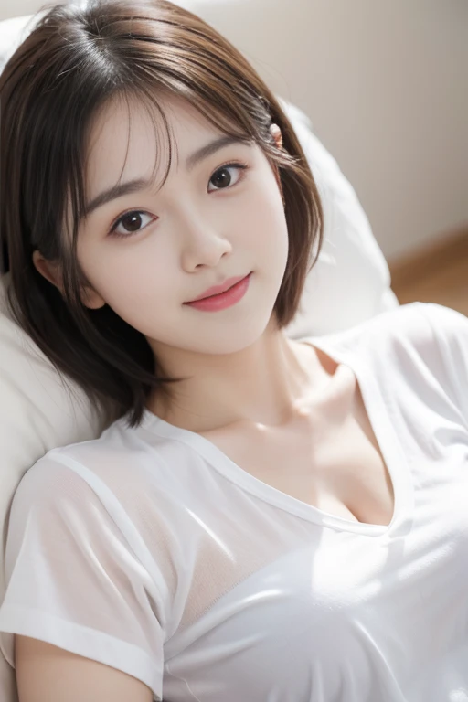 Lie down、 Girl、Shot from directly above、innocent smiles、White shirt、Ha is just、鎖骨、Shortcut Hair、rosy cheeks、innocent smiles、sexy pose