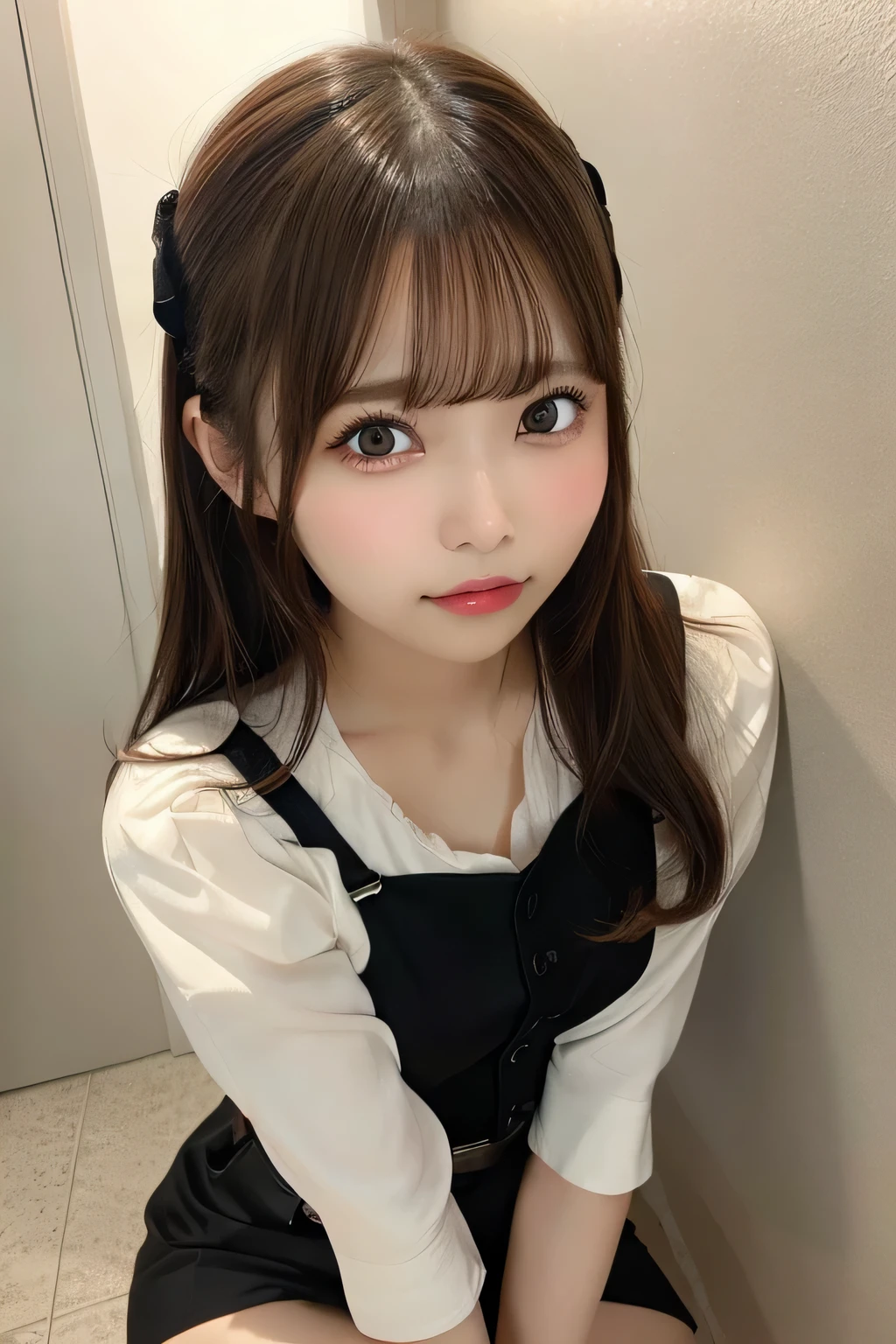 1girl in, Extremely cute face,​masterpiece, top-quality, Ultra-fine、Colossal tits, Brown hair、​masterpiece、flat-colors、depth of fields、lens flare 1 girl、、Brown hair、watching at viewers、a belt、big breasts wearing black suspenders、わきperspiring、perspiring、Side of both hands、wall rack pants, 　Gaze、a small face、bangs upper eyelid、a miniskirt、garters