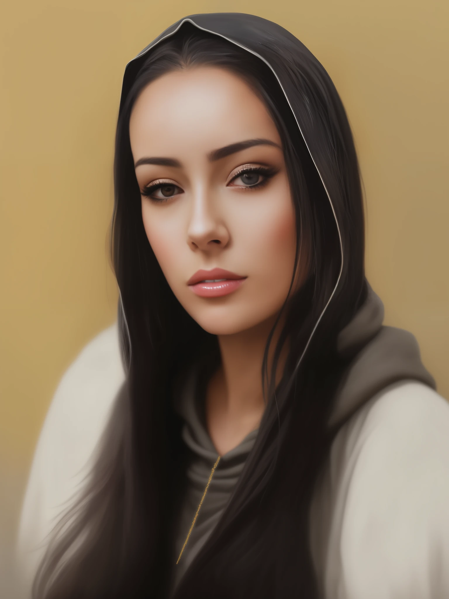 Picture of a woman with long black hair and a hoodie, realistic digital painting, Black-haired girl in hoodie, realistic art style, ultra realistic digital painting, realistic female portrait, realistic portrait, photorealistic digital painting, realistic cute girl painting, very Realistic digital art, Realistic digital art, digital fantasy portrait, Realistic digital drawing, High Quality Portrait, realism art style