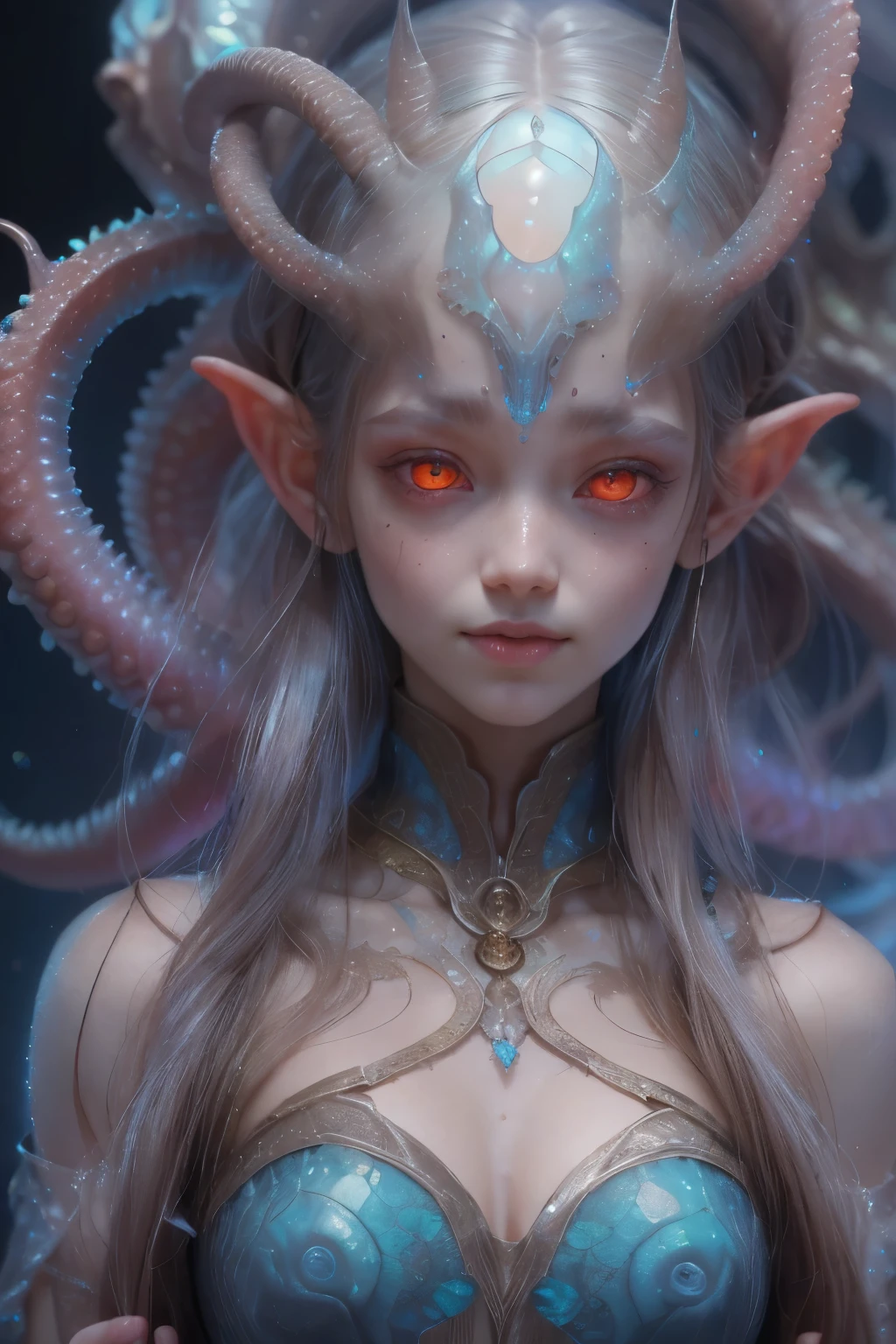 Portrait, (beautiful female alien:1.2), (There is a female genital-like organ in the middle of the forehead..:1.8), (The most beautiful face in the history of the universe:1.2), (scarlet eyes:1.6), (Translucent skin:1.8), an evil gaze that seduces , (red eyes:1.5), Full body like, (sexypose:1.5), alien, No humans, cells are fused, (Lots of translucent tentacles:1.1) (Translucent skin:1.3), extraterrestrial, cell, bio image, 魅惑的, Best Quality, 8K,4K_quality, High Definition, Dramatic Lighting, masutepiece:1.5,cinematic quality, detail up, (Intricate details:1.2), High resolution, High Definition, drawing faithfully, (Thick eyebrows:1.2), Beautiful eyes with fine symmetry, (Ultra detailed eyes:1.2),(Highly detailed face and eyes:1.2), (High-resolution red-eye:1.4), Intimate face, (Super detailed skin quality feeling:1.4), Perfect Anatomy, (Beautiful toned body:1.5), (Moist skin:1.2), No makeup, (dark circles:1.1), long canines, cinematic drawing of characters, ultra high quality model, cinematic quality, detail up, (Intricate details:1.2), High resolution, High Definition, drawing faithfully, Official art, Unity 8K wall , 8K Portrait, Best Quality, Very High resolution, ultra detailed artistic photography, midnight aura, unreal enginee 5, Ultra Sharp Focus, art by alberto seveso, ArtGerm, Roisch, intricate artwork, Medusa, best quality, masutepiece, ultra High resolution, (photos realistic:1.4), Ultra-realistic realism, dream-like, nautilus, Creation of fantasy, Snail, Dream Snail, biopunk nautilus, Thrilling color schemes, Ultra-realistic realism, seductively smiling, Blue tentacles