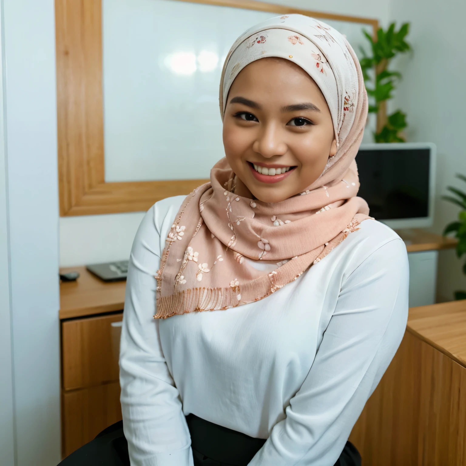 1 malay female age 26, flawless malay skin, wearing white floral patern hijab, sitting lean back on office char inside office in front laptop and an extra 27 inch monitor screen, wearing a plain white loose shirt with long sleeve, wearing long loose black skirt , 8k, cinematic photo, open mouth showing teeth and laughing, upper body potrait shot, close up shot, fair bright white skin, average looking face, thin body, small round face shape, looking at camera
