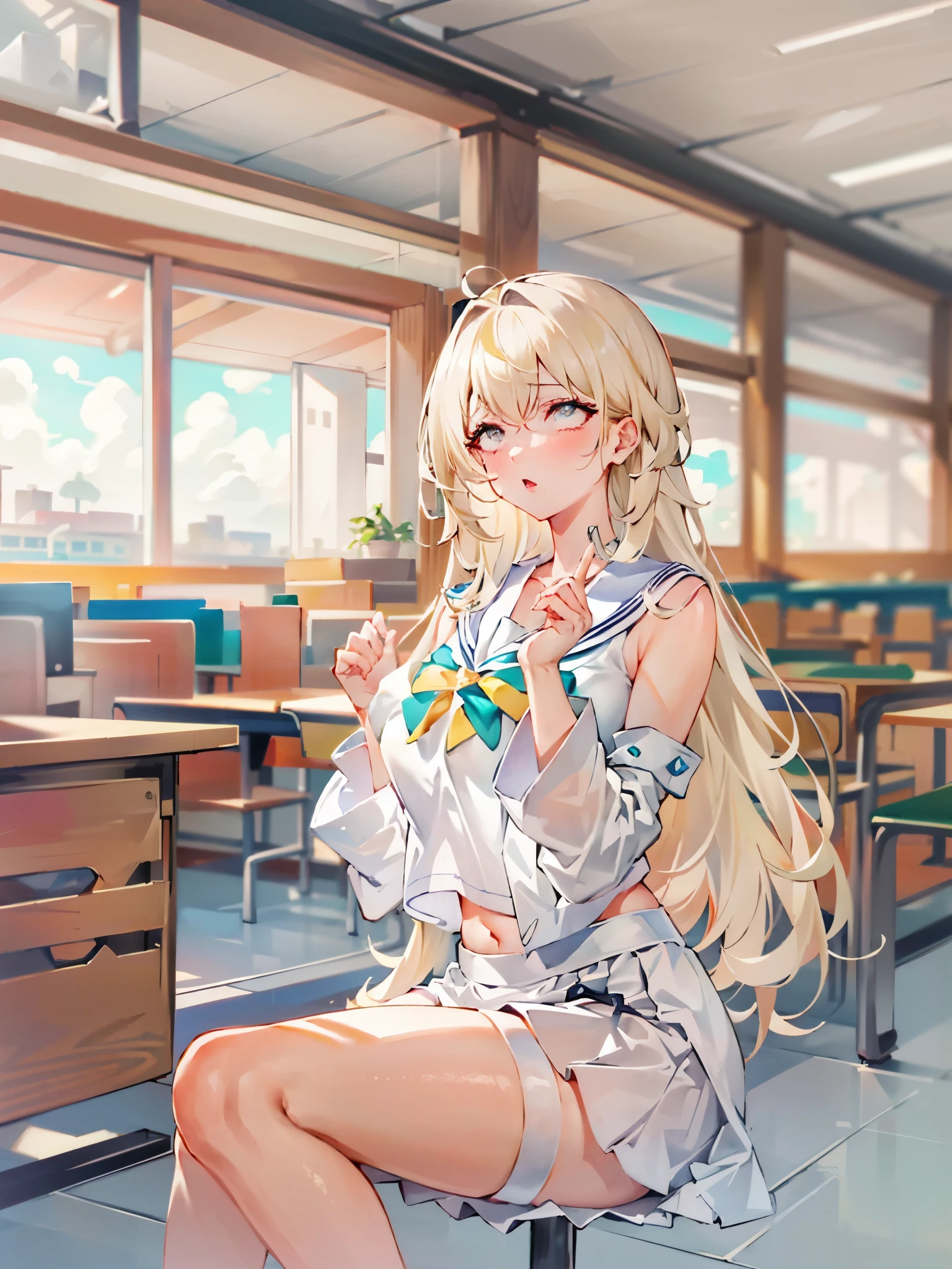 top-quality、realistic touch,high-detail、photoRealstic、thin-waist、captive beauty、big eye、solid platinum-blonde eyelashes、platinum-blonde、full body Esbian、Sparkling eyes, cheeks flushed、Kamimei、thin-waist、Voluptuous thighs、In the classroom of the school、She is in estrus、a sailor suit、cocky expression、Colossal tits、Super short skirt with V-line visible、Sleeveless、Open your legs and show your camel toe 、Fold your hands behind your head、Navel look、