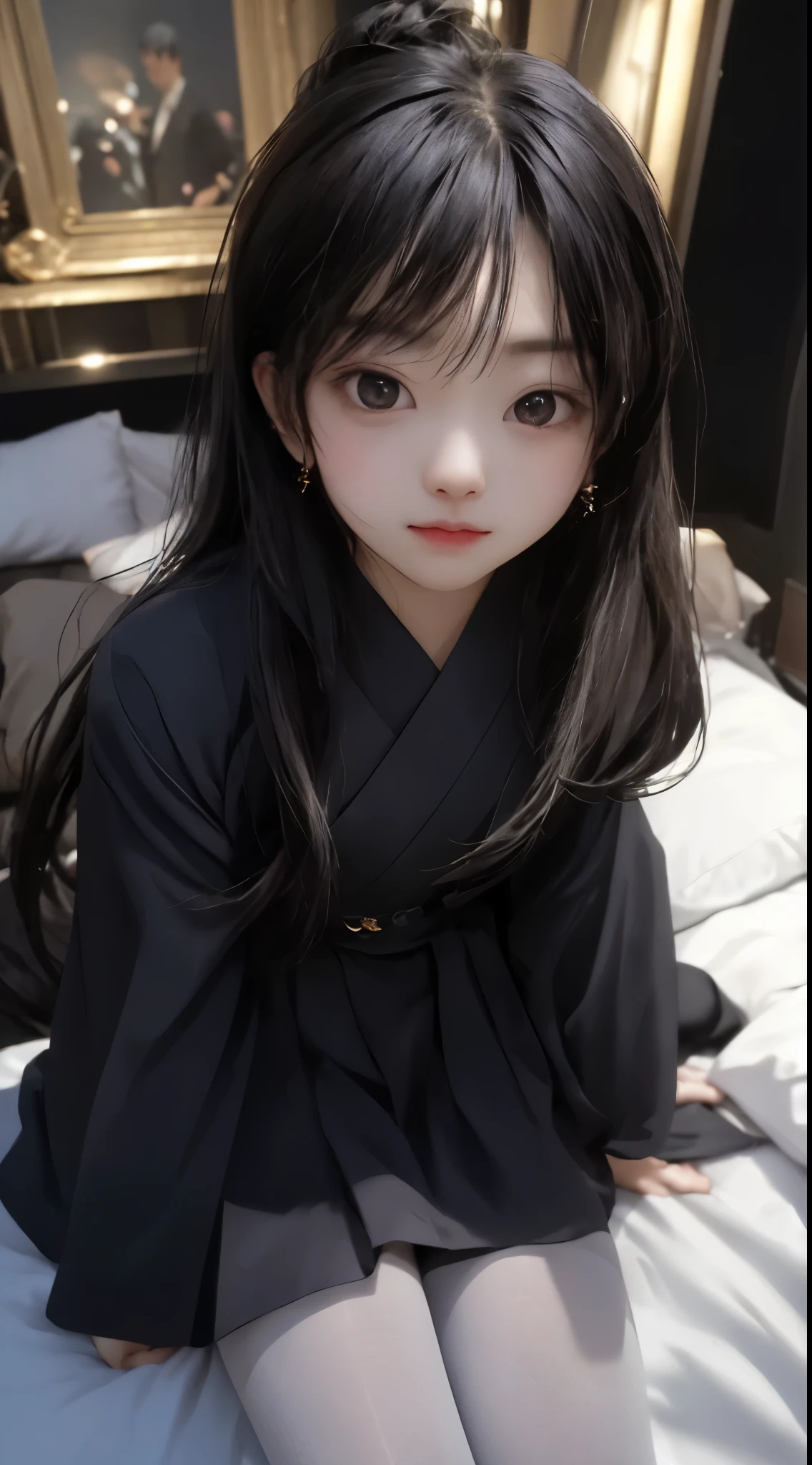 (in 8K、Raw photography、top-quality、超A high resolution、masterpiece:1.2)、Black pantyhose、Forehead visible、Raw photo、ren、Beautiful fece、One Person、独奏、fullllbody、cute little、A Japanese Lady、(Photorealsitic:1.37)、photon limited、Black socks、tiny body、Petite、White bed、Palace of Versailles、royal family