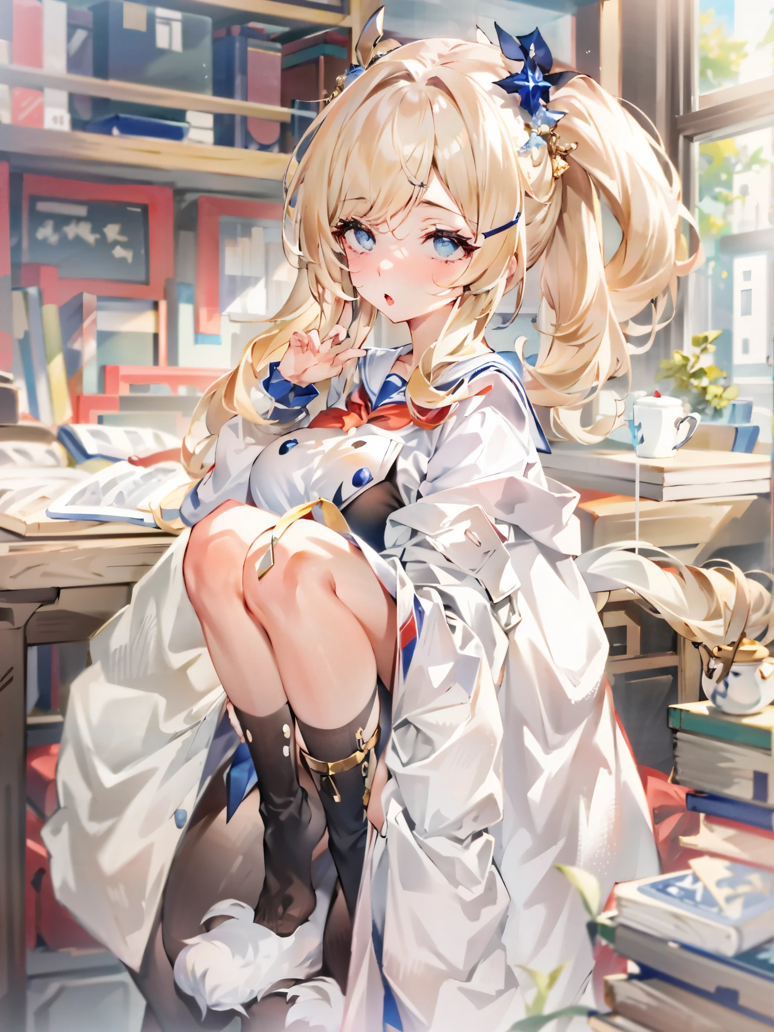 top-quality、realistic touch,high-detail、photoRealstic、thin-waist、captive beauty、big eye、solid platinum-blonde eyelashes、platinum-blonde、full body Esbian、Sparkling eyes, cheeks flushed、Kamimei、thin-waist、Voluptuous thighs、In the classroom of the school、She is in estrus、a sailor suit、cocky expression、Colossal tits、Super short skirt with V-line visible、Sleeveless、Open your legs and show your camel toe 、Fold your hands behind your head、Navel look、