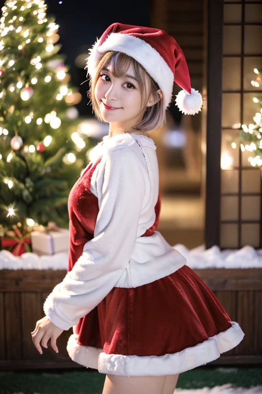 tre anatomically correct,Masterpiece of,High image quality,(Red costume),((Cute Santa Claus costumes:1.5)),((Skirt is mini length)),(The material of the costume is fine velvet:1.4), (The white fur part of the costume is mink, Accentuate the fluffiness:1.4),(Random posture:1.4),Professional Lighting,((Natural smile)),The ultra-detailliert,High quality textures,High quality shadows,depth of fields,Ray traching,背後にChristmasツリー, Christmas,Fun atmosphere,Twinkling lights,soft snowflakes fall,Cozy,romantic,Cheerful,breathtaking scenery,Warmth,Happiness,Magical,Holiday spirit, Ultra-realistic capture, Highly detailed, 人間の皮膚のhight resolution16kクローズアップ,Skin texture must be natural, Detailed enough to finely identify pores. Skin should look healthy, In a uniform tone. Use natural light and color,(Best Quality,4K,8K,hight resolution,masutepiece:1.2),Ultra-detailed,extremely detailed eye and face,Beautiful detailed eyes,Beautiful detailed lips,long eyelashes,((Realistic)),Photorealistic:1.37,japanes,fine-grained white skin,beautiful and magnificent composition,masutepiece,Attractive,Cute,silky smooth and straight hair,Sharp Focus,,((healthy thigh body photo)),(Full-body photography from a distance:1.4),((Silver hair color)),((ポインセチアの花とChristmasローズの花に囲まれてます)),shoes,sox,((with round face)),