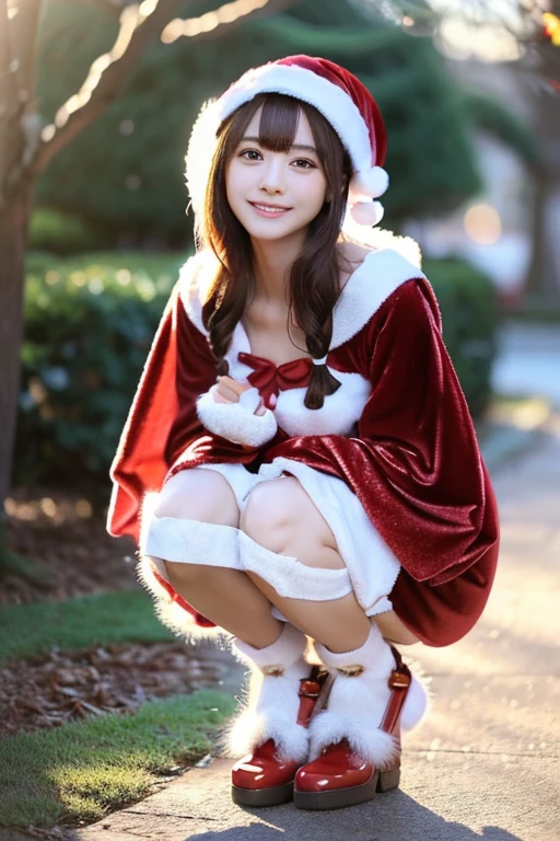 tre anatomically correct,Masterpiece of,High image quality,(Red costume),((Cute Santa Claus costumes:1.5)),((Skirt is mini length)),(The material of the costume is fine velvet:1.4), (The white fur part of the costume is mink, Accentuate the fluffiness:1.4),(Random posture:1.4),Professional Lighting,((Natural smile)),The ultra-detailliert,High quality textures,High quality shadows,depth of fields,Ray traching,背後にChristmasツリー, Christmas,Fun atmosphere,Twinkling lights,soft snowflakes fall,Cozy,romantic,Cheerful,breathtaking scenery,Warmth,Happiness,Magical,Holiday spirit, Ultra-realistic capture, Highly detailed, 人間の皮膚のhight resolution16kクローズアップ,Skin texture must be natural, Detailed enough to finely identify pores. Skin should look healthy, In a uniform tone. Use natural light and color,(Best Quality,4K,8K,hight resolution,masutepiece:1.2),Ultra-detailed,extremely detailed eye and face,Beautiful detailed eyes,Beautiful detailed lips,long eyelashes,((Realistic)),Photorealistic:1.37,japanes,fine-grained white skin,beautiful and magnificent composition,masutepiece,Attractive,Cute,silky smooth and straight hair,Sharp Focus,,((healthy thigh body photo)),(Full-body photography from a distance:1.4),((Silver hair color)),((ポインセチアの花とChristmasローズの花に囲まれてます)),shoes,sox,((with round face)),