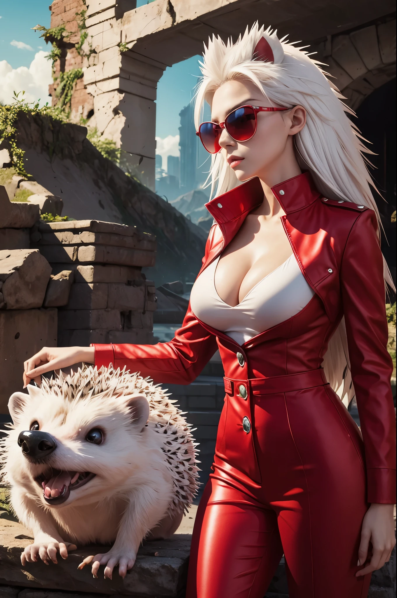 8K,White hedgehog wearing sunglasses with red lenses,anthropomorphic female hedgehog,超A high resolution,A hyper-realistic,Deforome,ruins,The majesty and power of animals,A sexy,RED dress,Red pants,a closeup,large full breasts,