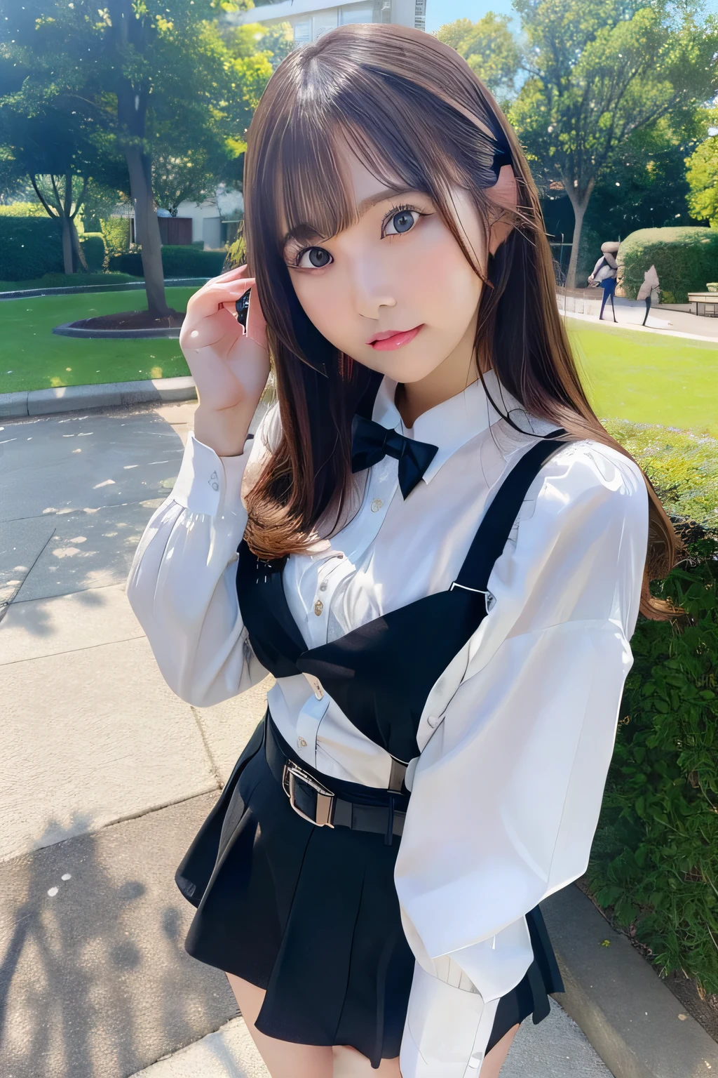 1girl in, Extremely cute face,masterpiece, top-quality, Ultra-fine、Colossal tits, Brown hair、masterpiece、flat-colors、depth of fields、lens flare 1 girl、、Brown hair、watching at viewers、a belt、big breasts wearing black suspenders、わきperspiring、perspiring、wall rack pants, Gaze、a small face、bangs upper eyelid、a miniskirt、a park、stroll、ample breasts