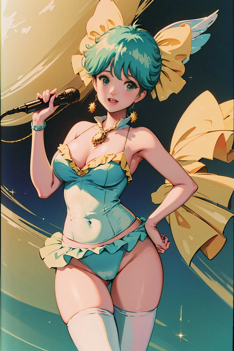 retro artstyle、watercolor paiting、(masterpiece、8k wallpaper、top-quality)、(The best lighting、Best Shadow Very delicate and beautiful)、ultra-detailliert、intricate detailes、colourfull、Rich colors、 upperbody shot、side lights、vanishing point、globalillumination、Near and far law、dynamicposes、dynamic ungle、 1 girl in、独奏、(Full lips:0.8)、cute little、Beautuful Women、 Emi,Best Quality,high-level image quality,A smile,red blush,Magical Emi、Studio Clown、1980s \(画the wind\), 1girl in, Overflowing super big breasts,white sleeveless shirt with collar,Purple pantyhose,black leather bikini pants,Traditional Media 、、the wind、、Summer, Sea, Tropical islands、suns、Resort、sand beach