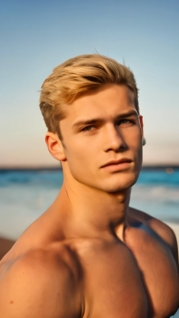 The portrait of a handsome young man, blonde hair, strong jaw line, Greek god anatomy, Greek super model, beach, photo realism, cinematographic light, photo session, shirtless, nordic, anatomical perfection, fine facial features, european, teen, focus boy, golden ratio