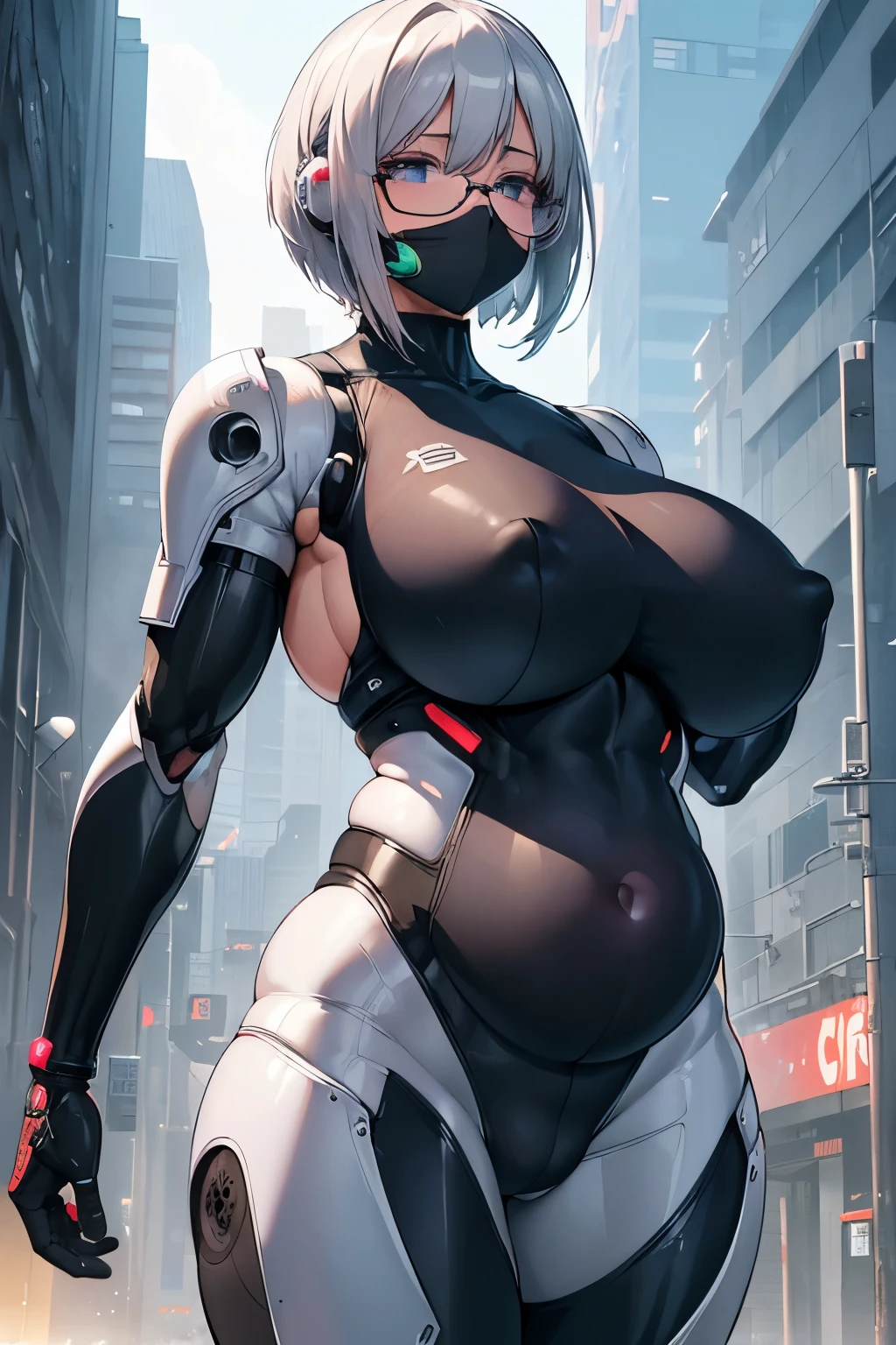 (best quality,highres:1.2),ultra-detailed,(realistic:1.37) (a girl), anime style, (fat:1.4) , cyber punk , full body tight suit , (covered nipples:0.9) , (breasts:1.1) , (muscular:1.3) , (abs:1.1) , (thick arm:1.4) , thick thigh , huge hip , pale silver hair , short hair , dark skin , pregnant , ahegao , black glasses , spread legs , cyborg girl , robot joint , robot shoulder ,