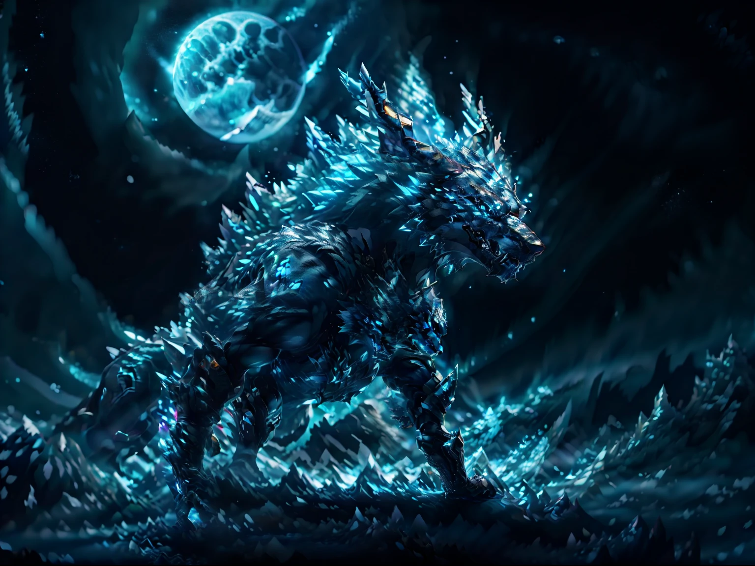 Metal Garurumon,best quality,ultra-detailed,metallic sheen,masterpiece:1.2,technological,blue color scheme,sharp focus,powerful and majestic,howling at the moon,in a snowy mountain peak,glowing electric blue eyes,sharp fangs,imposing metallic body,blue energy aura,icy breath,steaming mist,huge silver claws,sleek and aerodynamic design,dynamic pose,emitting sparks,sparkling snowflakes,stoic expression,crystal clear atmosphere,moonlit sky,icy wind,star-filled night,glacier backdrop,magnificent virtual landscape,neon lights,textured fur,enhanced cybernetic implants,wireframe elements,glittering crystals,intricate circuit patterns,frost-covered trees,rocky outcrops,aurora borealis in the distance,frigid atmosphere,evoking a sense of power and danger,luminous details.